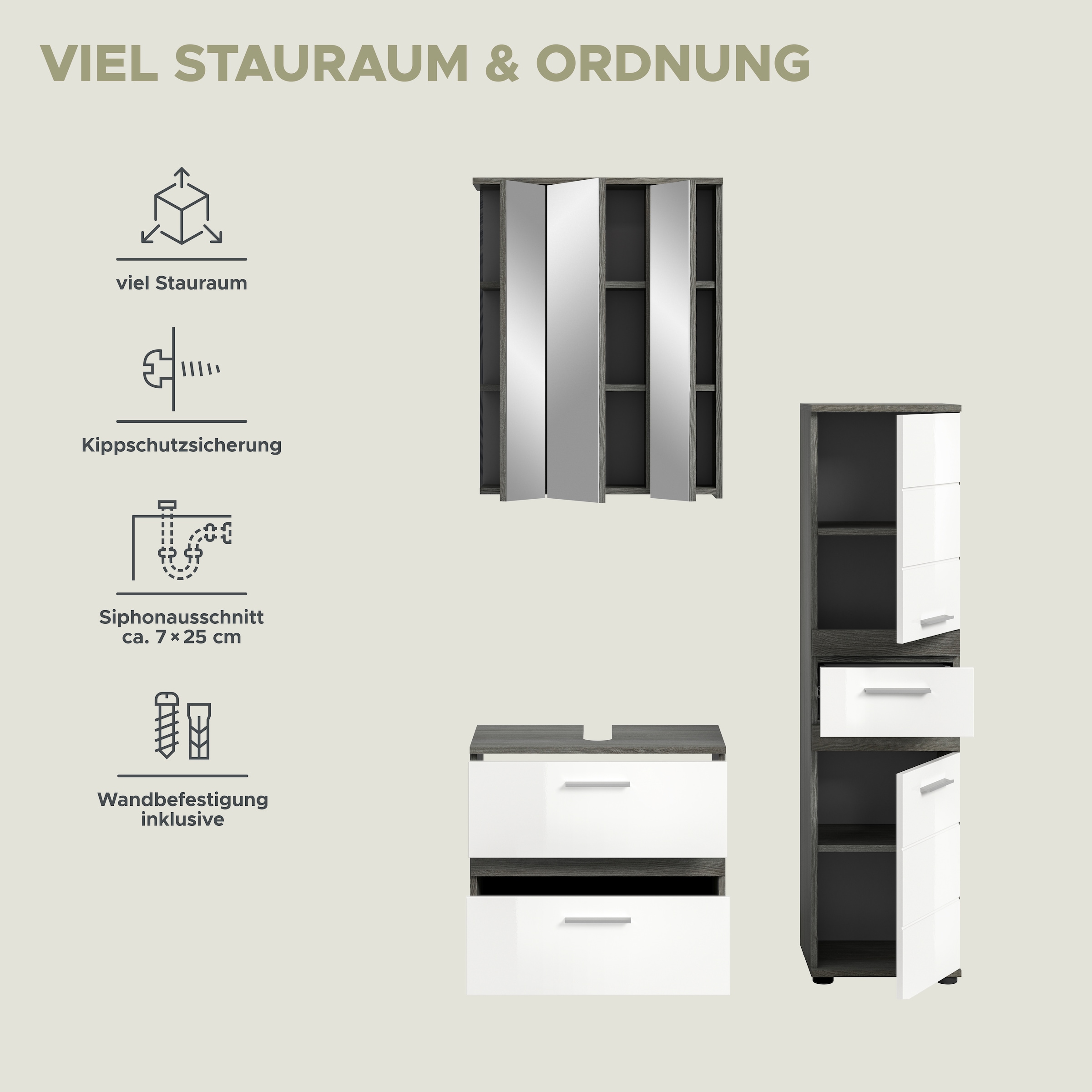 welltime Badmöbel-Set »LUCCA, 3-teilig, TOPSELLER!, hochwertige MDF Front« Set, best. aus: Waschbeckenunterschrank, Spiegelschrank, Hochschrank, 3 Stk. tlg.