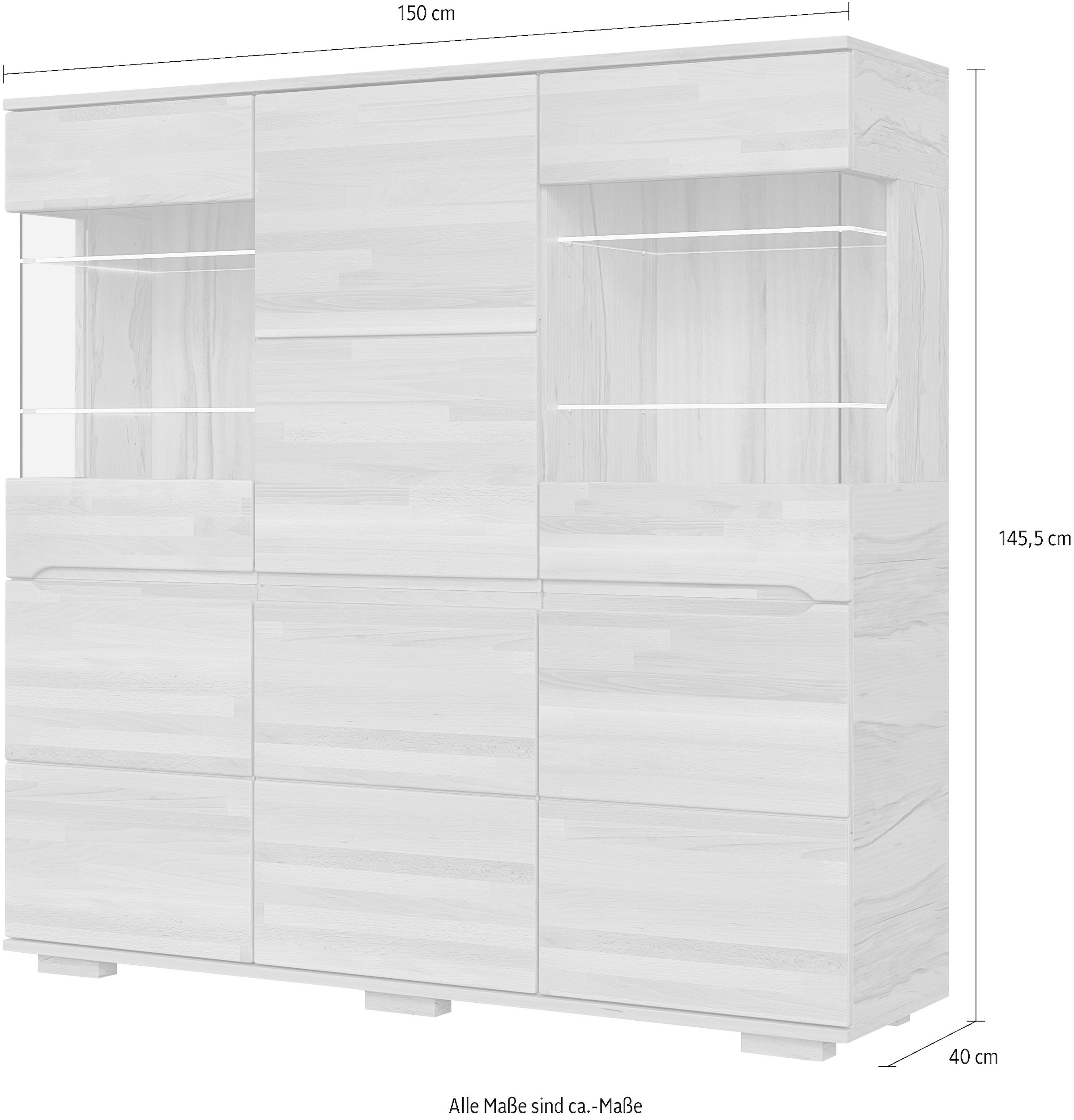 GOODproduct Buffet haut »VETRO Teilmassiv, Fronten Massivholz, Wohnzimmer, Stauraum,Griffmulde« B/T/H:150/40/1445,5cm, 15geschlossene Fächer,verstellbare Einlegeboden