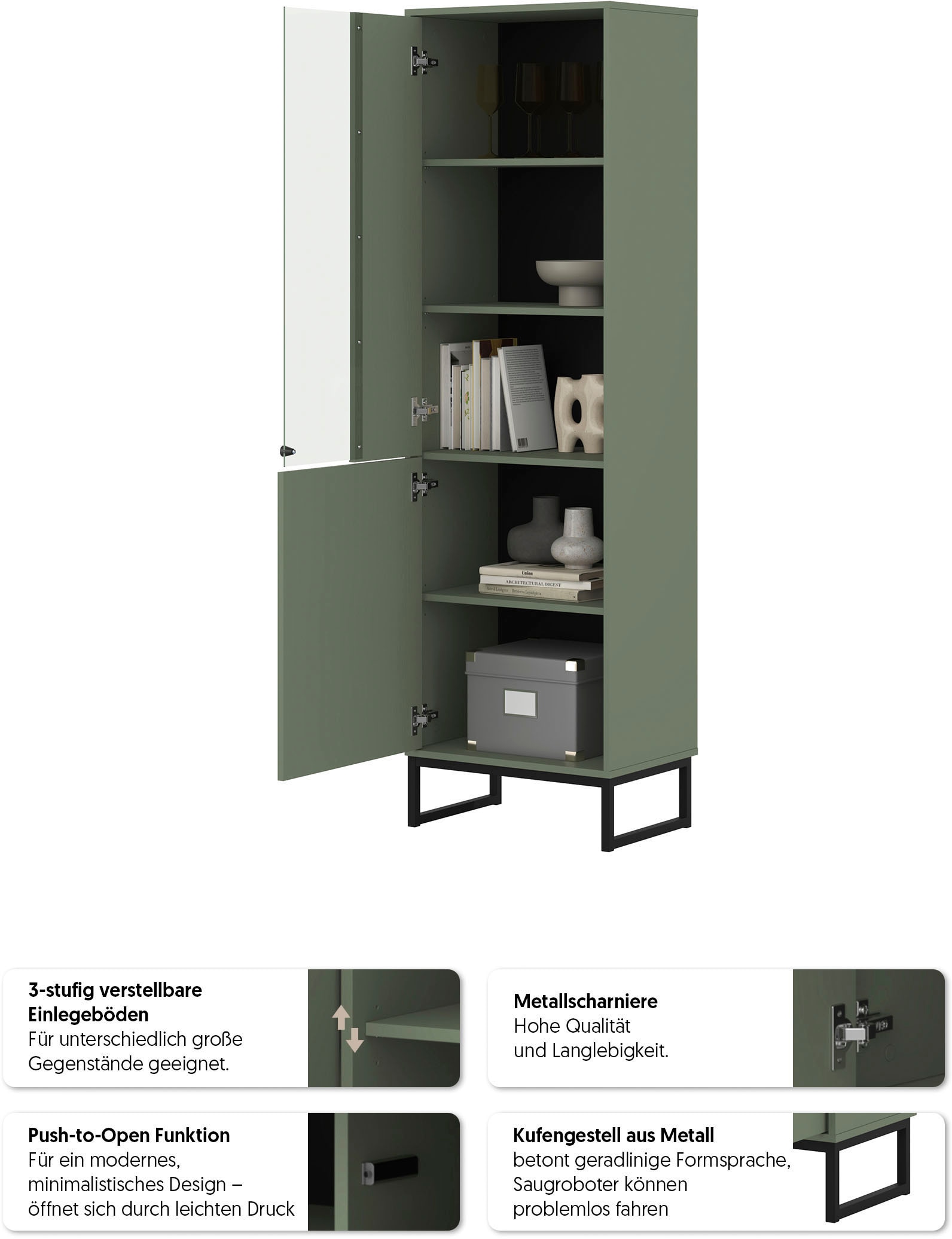 GOODproduct Vitrine »Loft, Höhe 180 cm, moderne Standvitrine mit 2 Türen, Metallkufen« Hochschrank mit viel Stauraum, Glastür und verstellbaren Einlegeböden