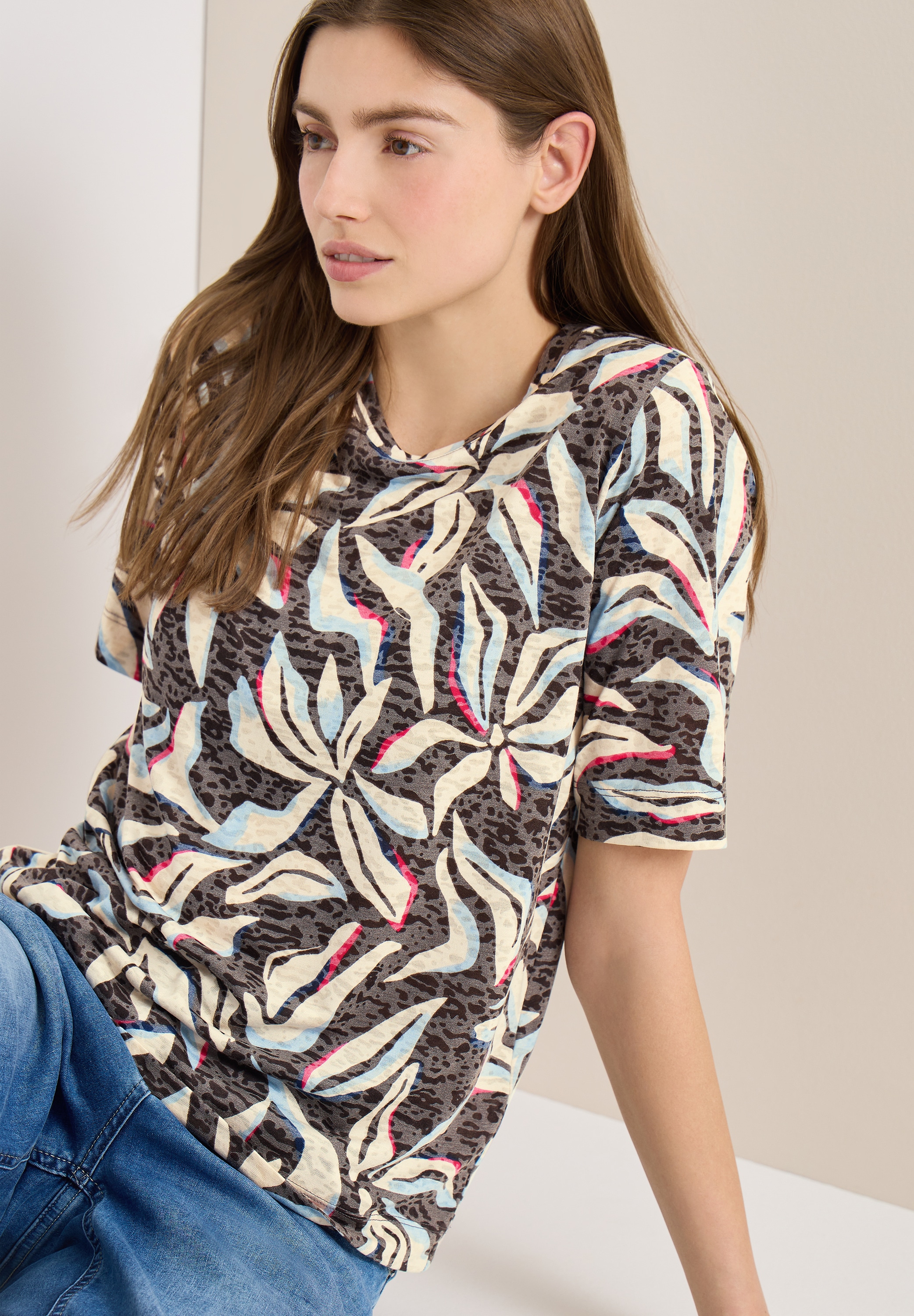 Cecil Shirt à col rond Ausbrenner Shirt mit floralem Muster