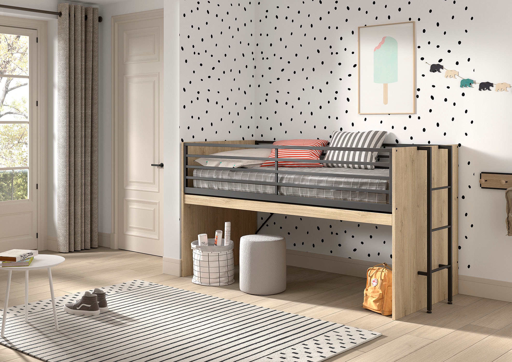 Vipack Hochbett »Sam, schlafen und arbeiten in einem, wahlweise Eiche- oder Weiss-Dekor« Liegefläche 90x200 cm, darunter eine grosse ausziehbare Schreibplatte,  Inkl. Absturzschutz u. Leiter, pflegeleichte Dekor Oberfläche