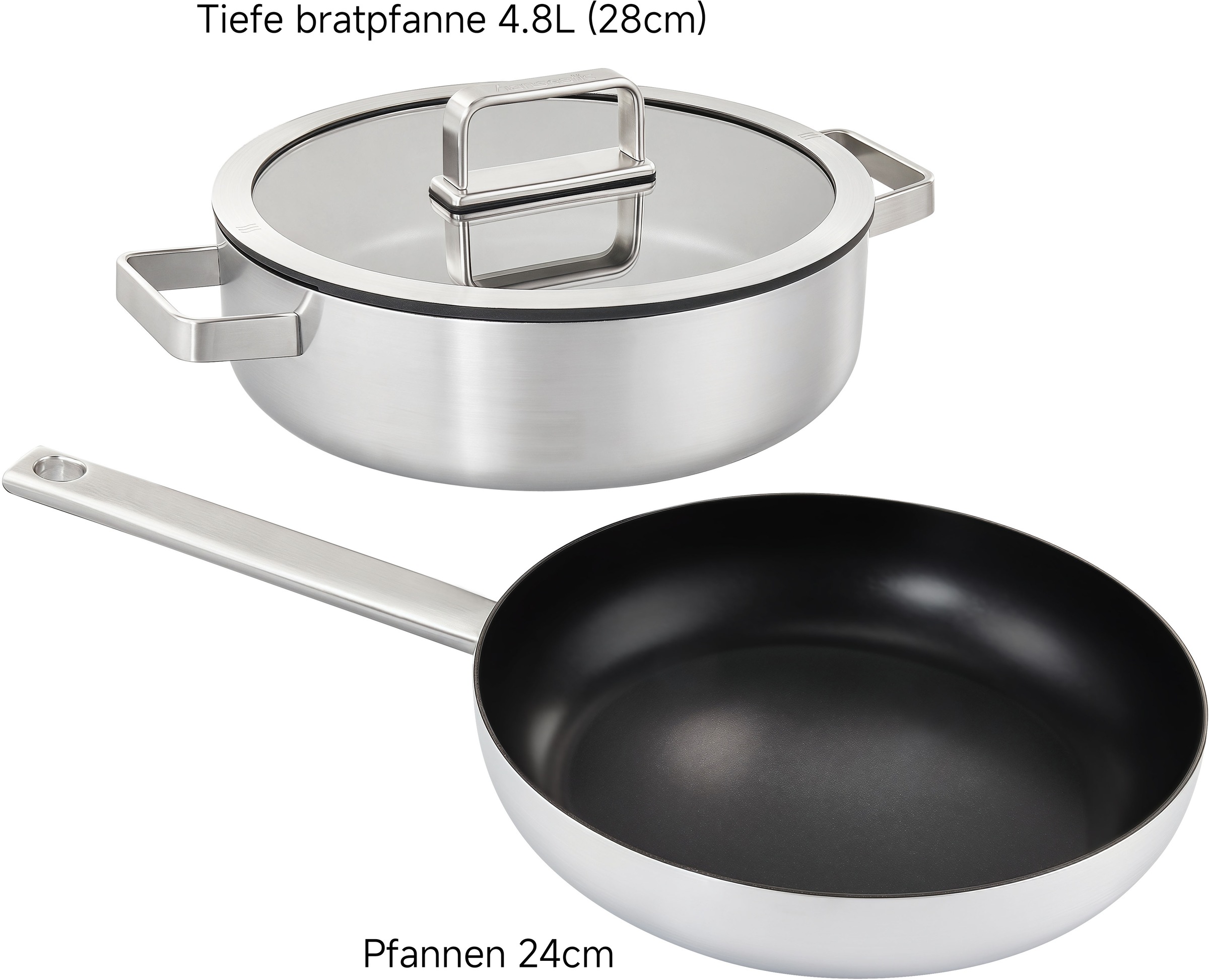 Hanseatic Pfannen-Set »PREMIUM«, Edelstahl, (Set, 3 tlg., 1x Pfanne 24 cm, 1x Servierpfanne 28 cm mit Deckel), mit Antihaftbeschichtung, für alle Herdarten, Induktion