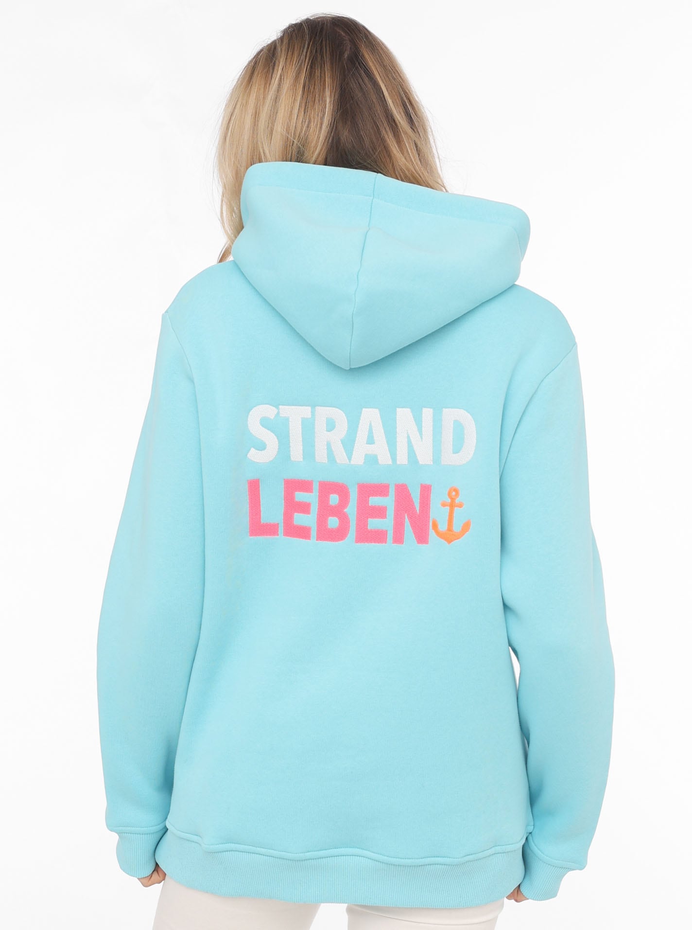 Zwillingsherz Sweatshirt, mit neonfarbenen Kordeln und aufgesticktem "Strand"-Schriftzug