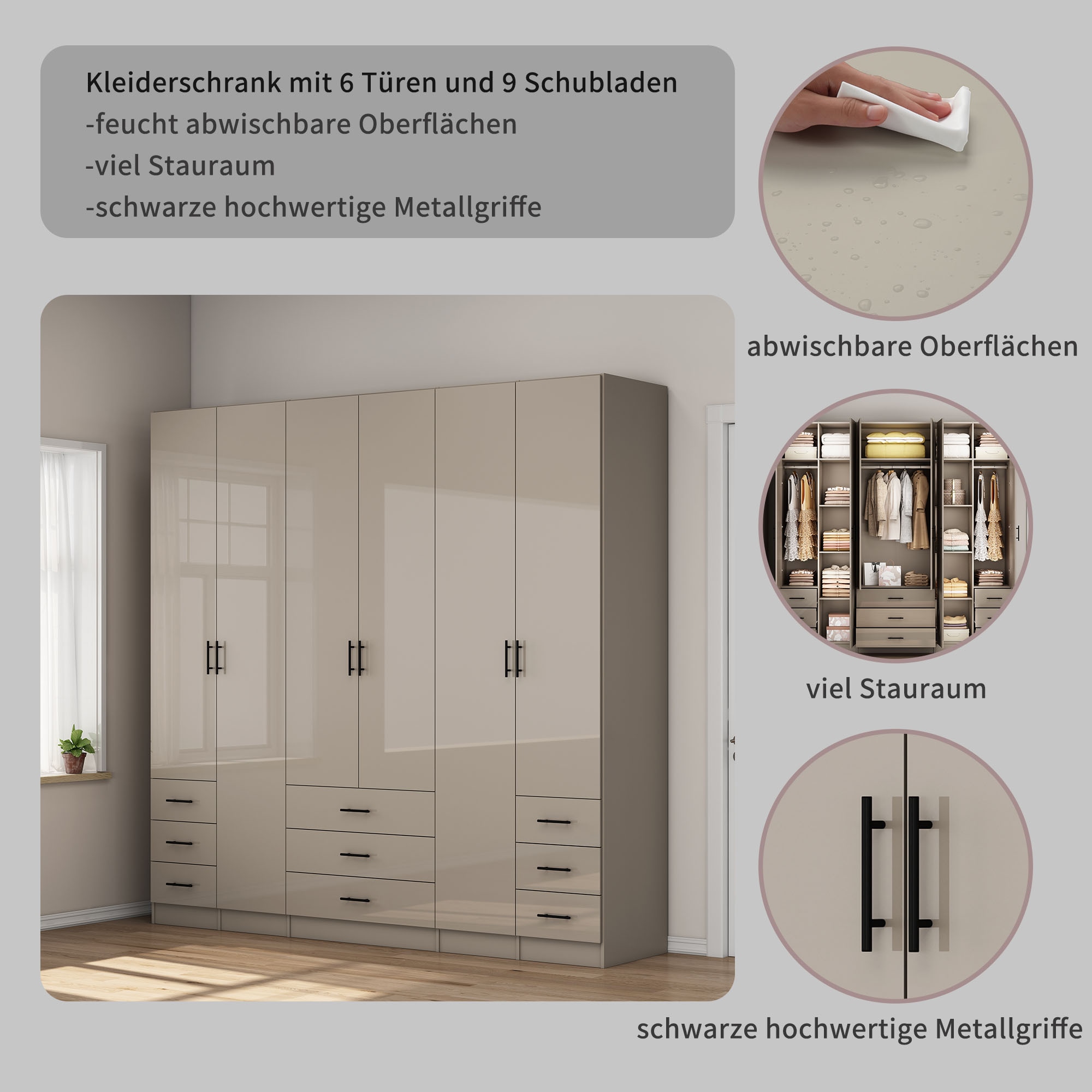 GOODproduct Armoires à vêtements »Trento Schlafzimmerschrank Garderobe hochglanz« in 2 unterschiedlichen Schrankhöhen wählbar,  Schrank mit 6 Türen und 9 Schubladen, Hochglanz-Fronten, 2,39m Höhe