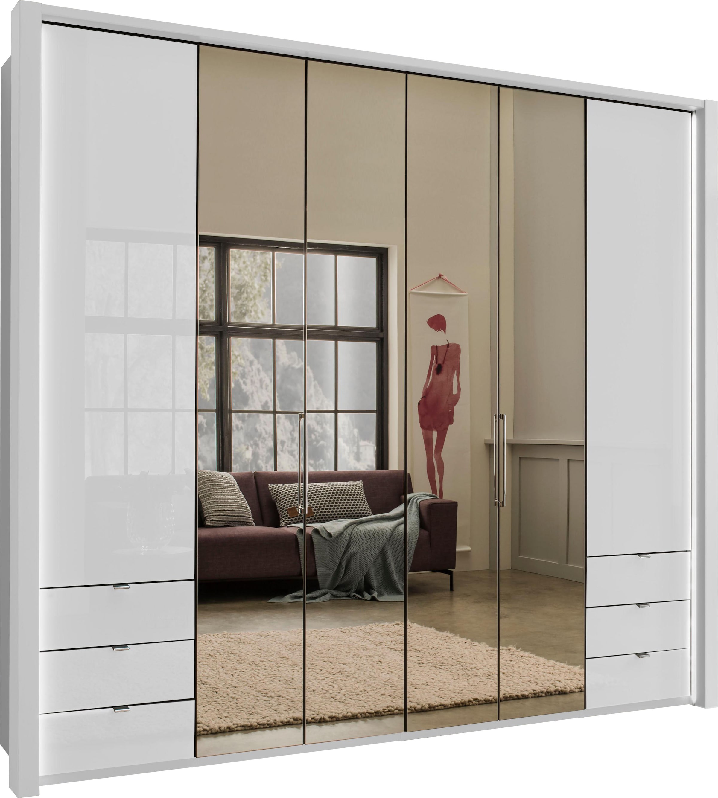WIEMANN Falttürenschrank »Kansas, Kleiderschrank, Schrank, Wäscheschrank, mit Glas und Spiegel«, (2 Breiten, 2 Höhen 216/236 cm auswählbar, MADE IN GERMANY), inkl. gepämpften Schubkästen und Türen, mit Panoramaöffnung