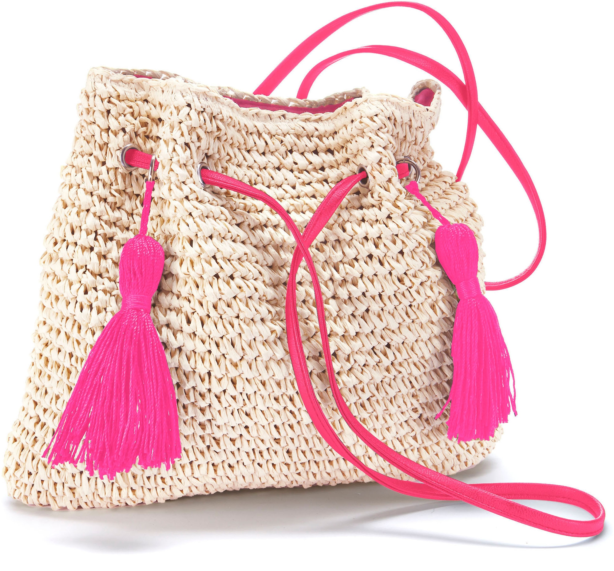 Image of LASCANA Umhängetasche "Strandtasche, Schultertasche, Sommertasche, Damentasche" Handtasche Damen zum Umhängen, mit modischen Bommeln VEGAN