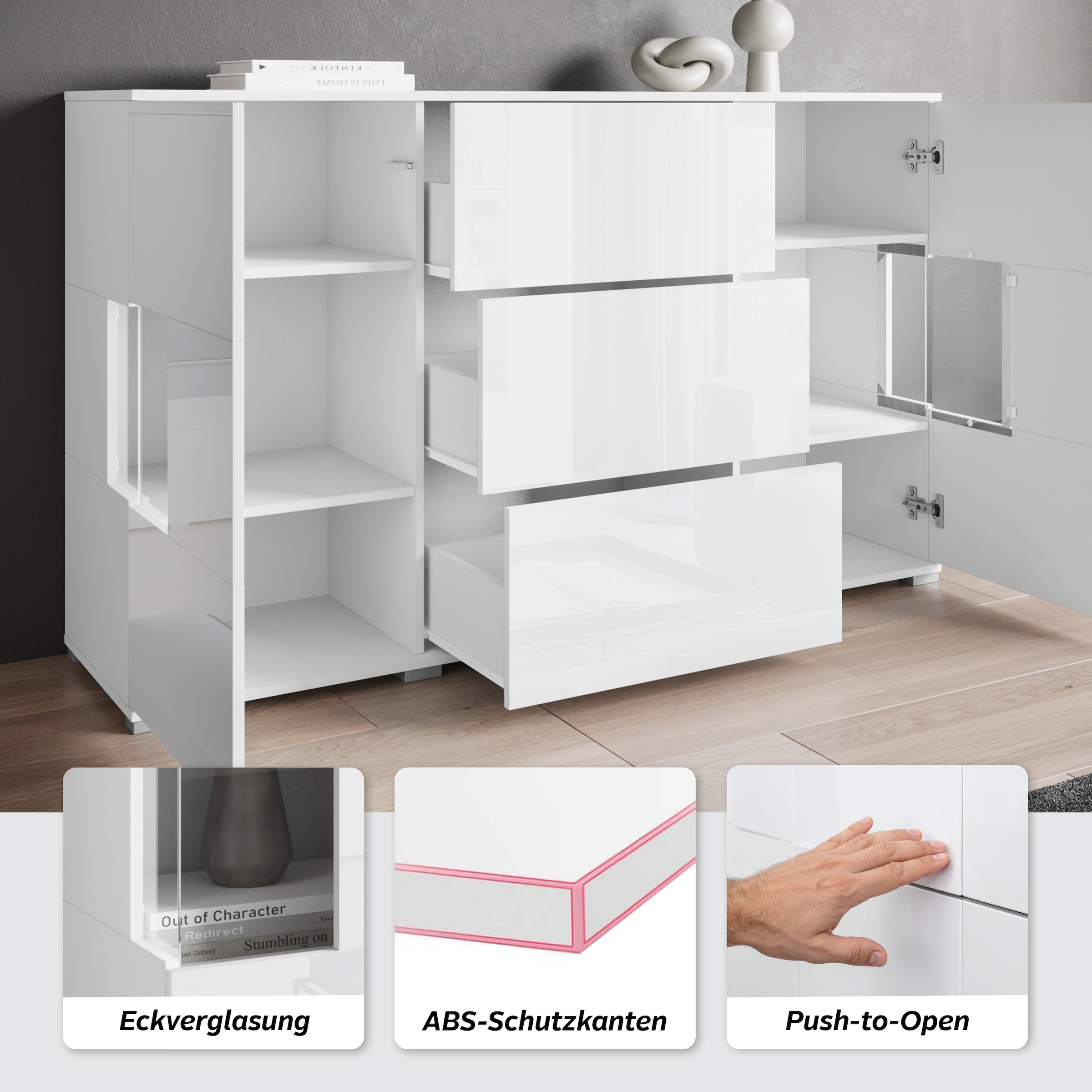 GOODproduct Sideboard »Kenia« 1 Stk. tlg. Sideboard mit 3 Schubladen, 6 Fächern, Glastüren, Breite 150 cm