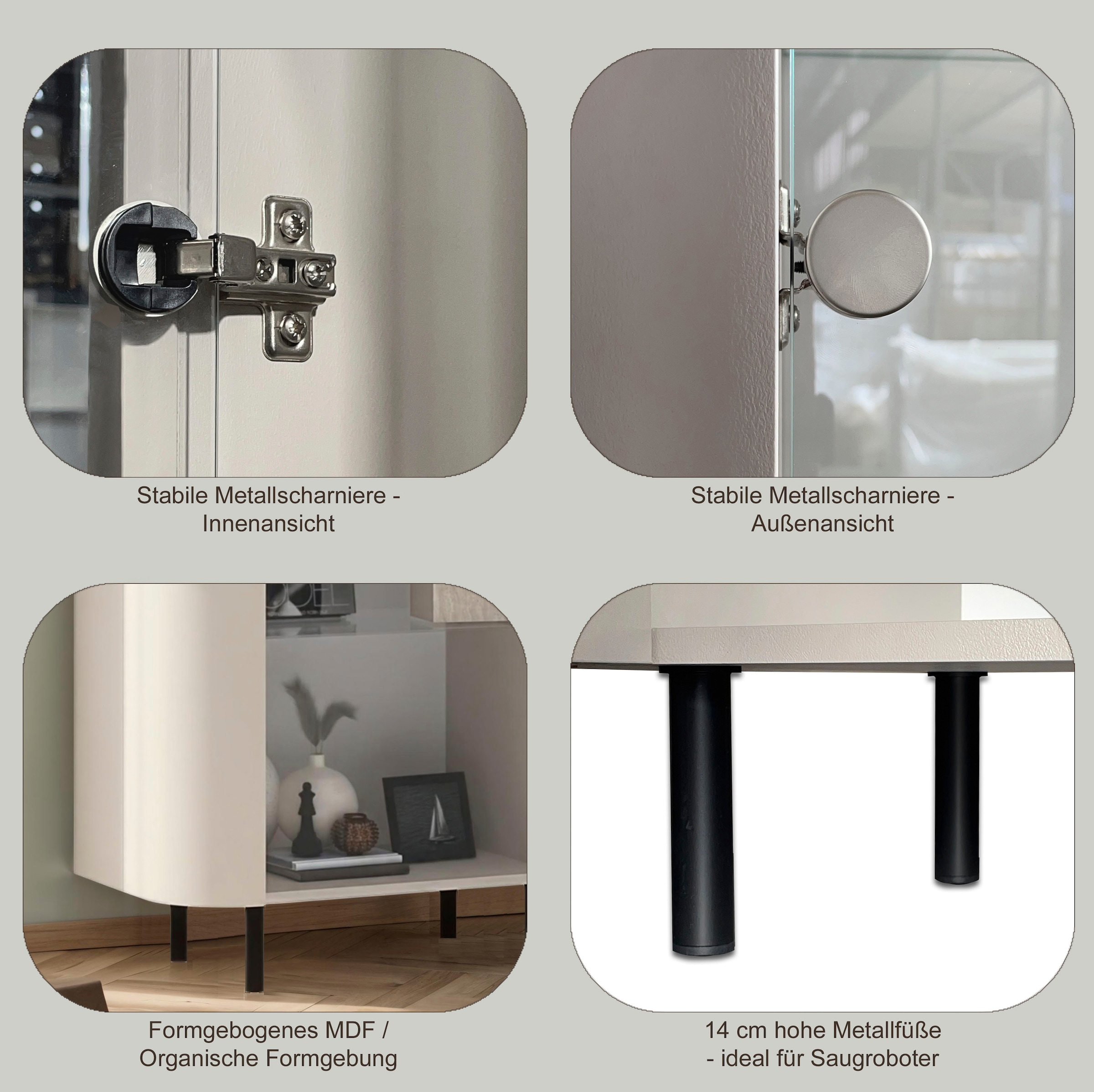 INOSIGN Vitrine »Lido, Standvitrine 200 cm hoch, 1 Tür, Glasvitrine, Vitrinenschrank« Gebogenes MDF, Stirnseiten mit Rundung, Metallfüsse, dekorativ & edel