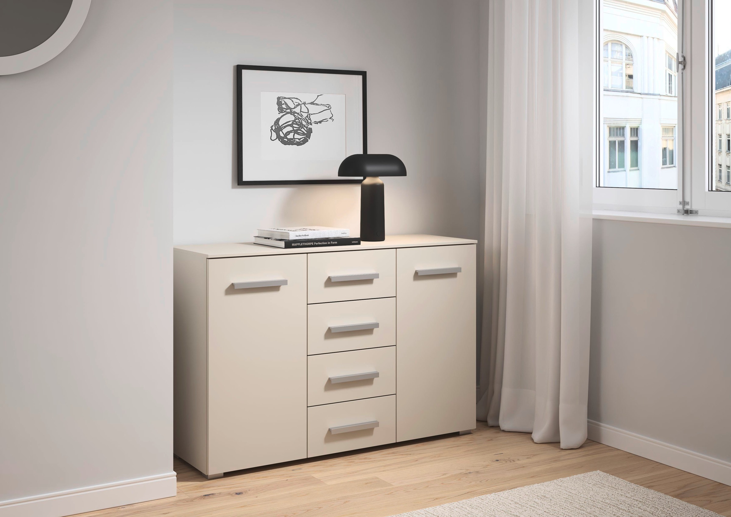 rauch Schubkastenkommode "Sideboard Kommode Kombikommode KOLUNA mit Dekorfront" Breite 120 cm mit moderner Dekorfront, vier große Schubladen, mit insgesamt 4 Einlegeböden MADE IN GERMANY