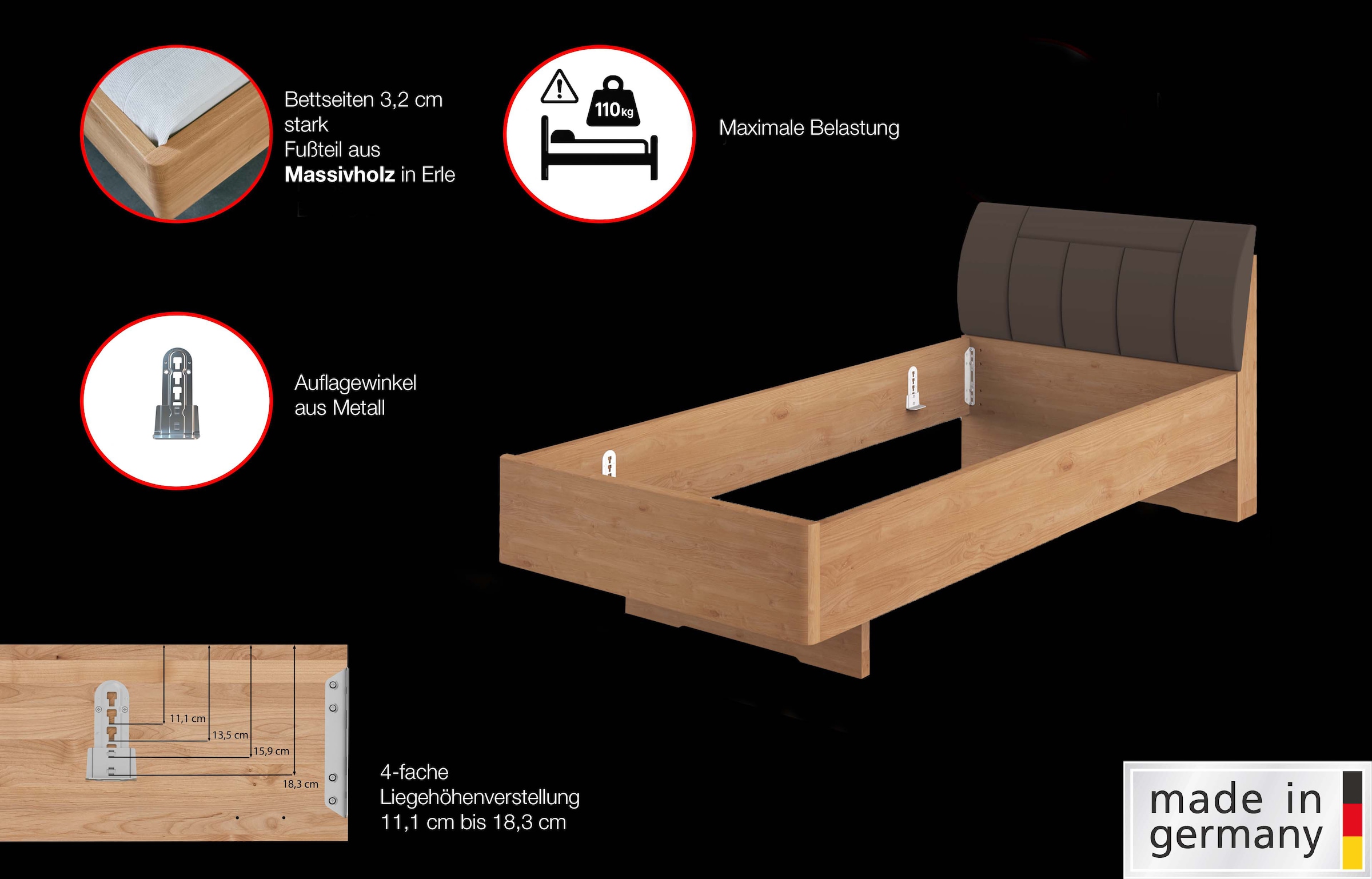 WIEMANN Lit en bois »Cardiff, Bettgestell, Bettrahmen, teilmassiv, mit Polsterkopfteil« Belastbarkeit 110/220 Kg, 4-fache höhenverstellbar, MADE IN GERMANY,  Fussteil aus Massivholz, verschiedene Grössen