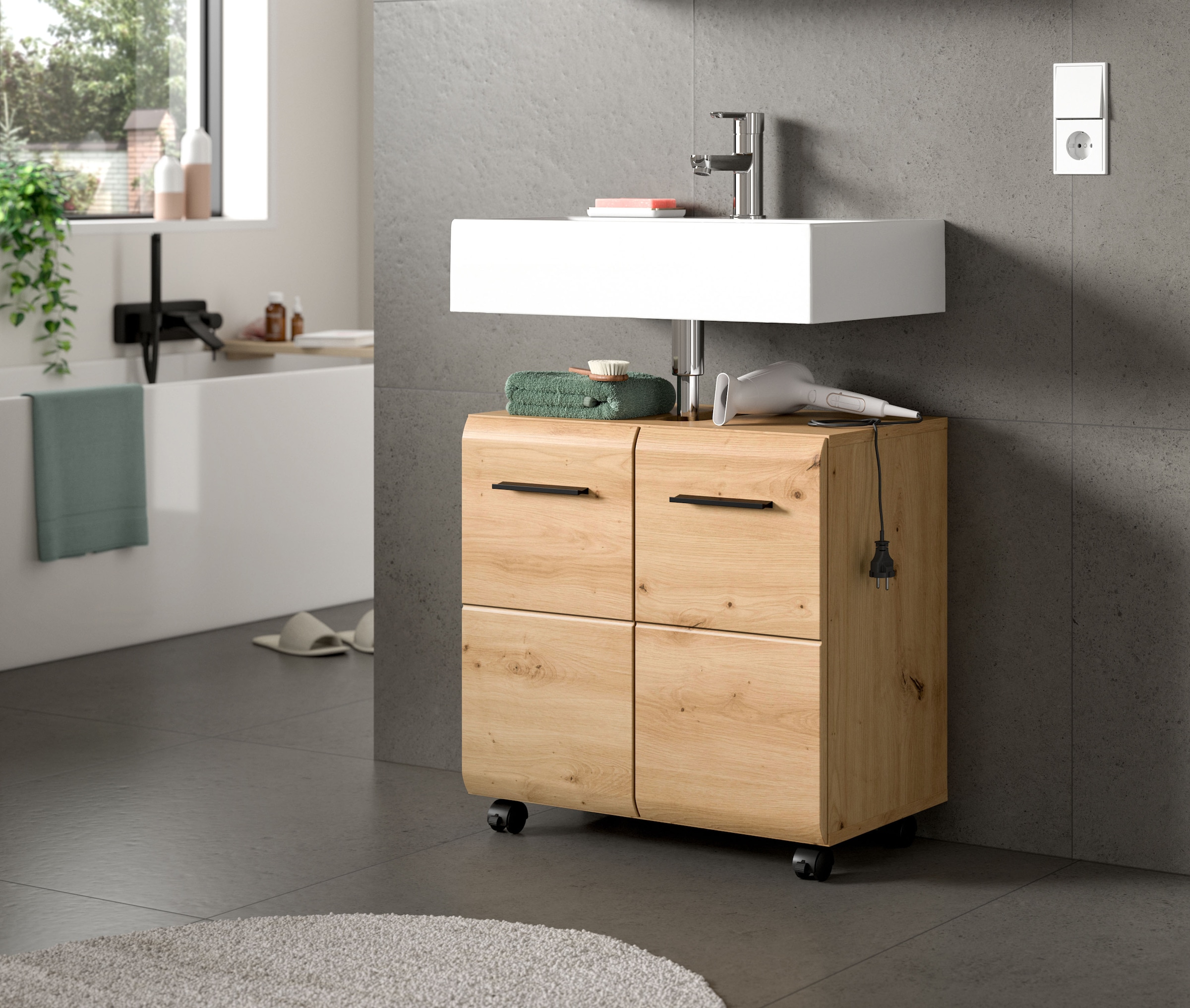 welltime Waschbeckenunterschrank »FLORENZ,  Breite 60cm, inkl. Siphonausschnitt, mit Türen oder Schüben« TOPSELLER!,  hochwertige MDF Front, Griff schwarz, Badschrank, Bad