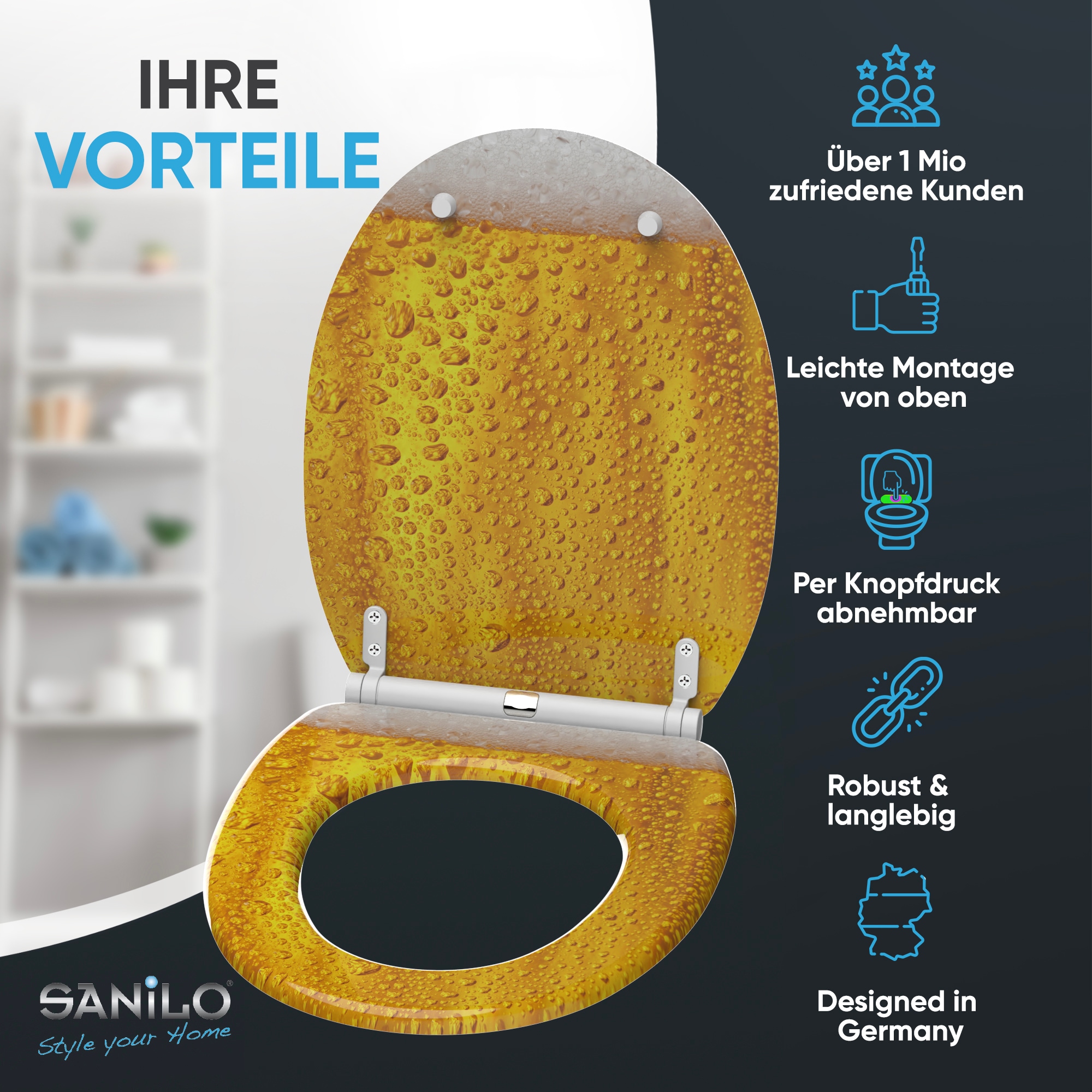Sanilo WC-Sitz »Bier mit Absenkautomatik & Quick Release« Premium Toilettendeckel, abnehmbar, leichte Montage von oben