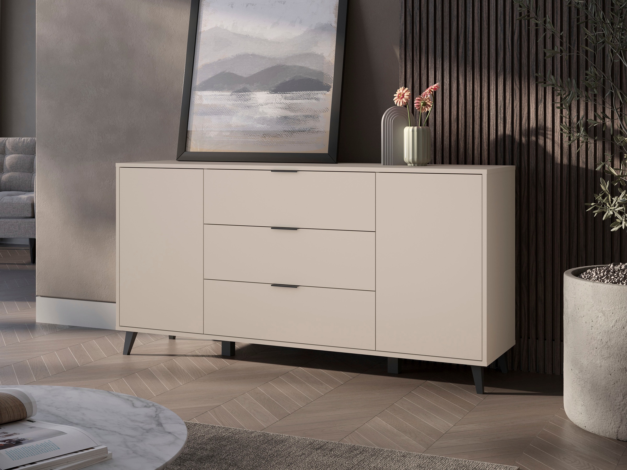 Image of GOODproduct Sideboard "Oslo, B/H/T: 150/76/39,5 cm" 3 Schubladen, 2 Türen mit Push-to-open, schwarze Metallgriffe