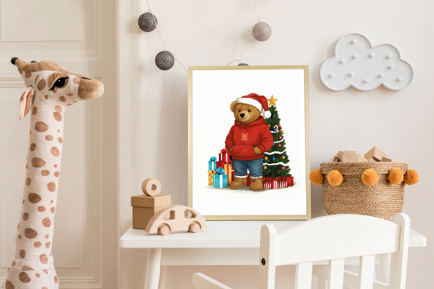 queence Tableau avec cadre »Teddy Bär mit Weihnachtsmütze vor Tannenbaum« Images de mode | Mode | Mode | Ours | Ours | Personnages impression poster HD Premium incl. cadre en bois naturel beige