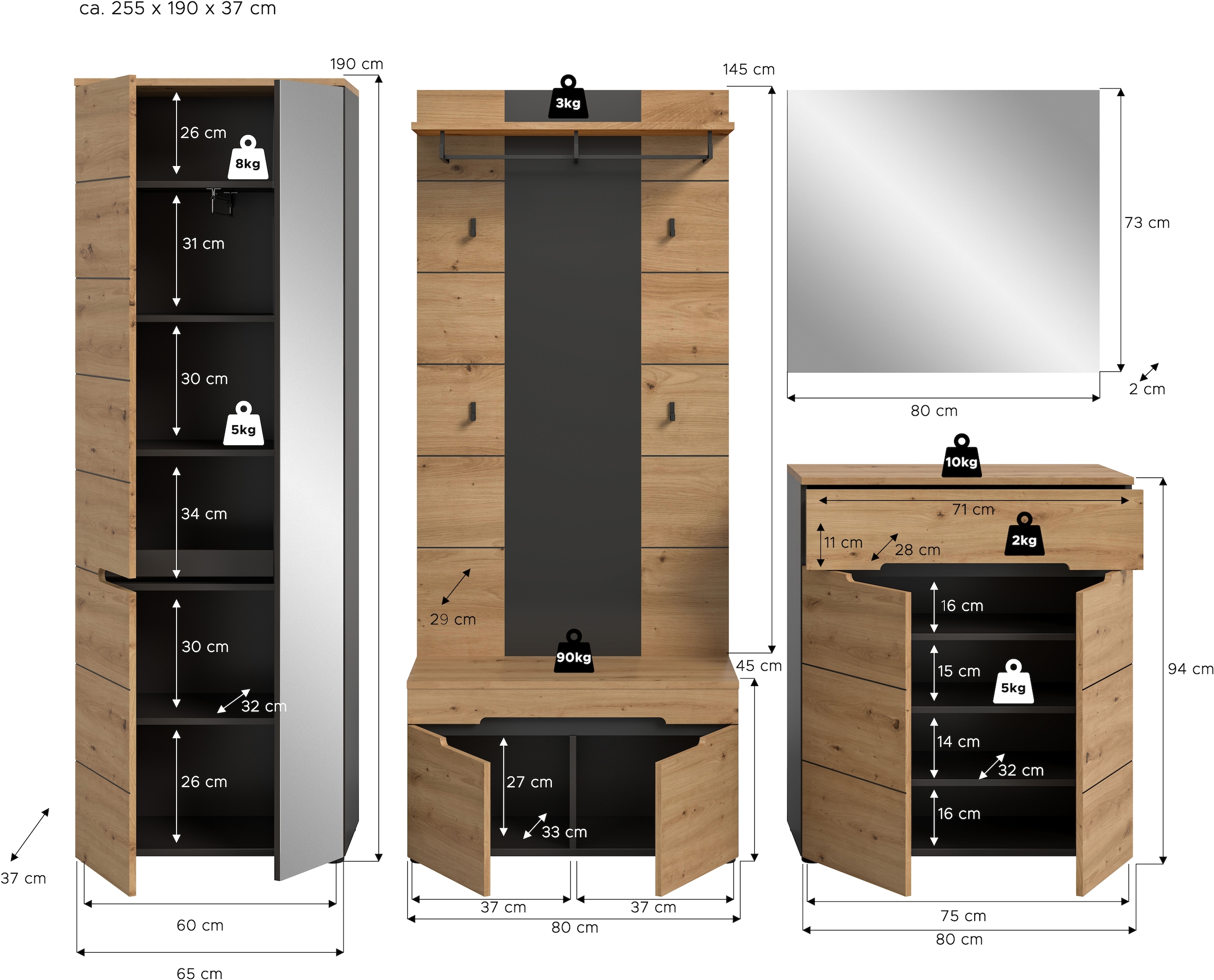 Home affaire Garderoben-Set »REHAT, TOPSELLER!, 5-teilig, Breite 255cm, individuell erweiterbar« Set, bestehend aus: Garderobenschrank, Sitzbank, Paneel, Spiegel, Kommode, 5 Stk. tlg.