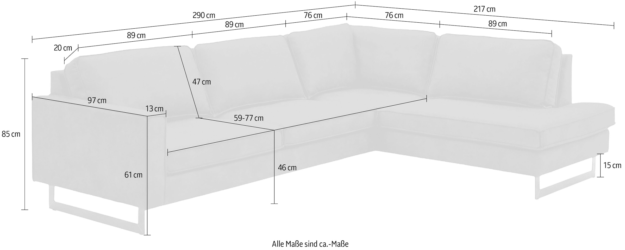 GOODproduct Canapé d'angle »Pinto, 290 cm, Cord, Chenille, Lederoptik, Ottomane links / rechts« avec jonc, pieds métalliques noirs, suspension à ressorts ondulés
