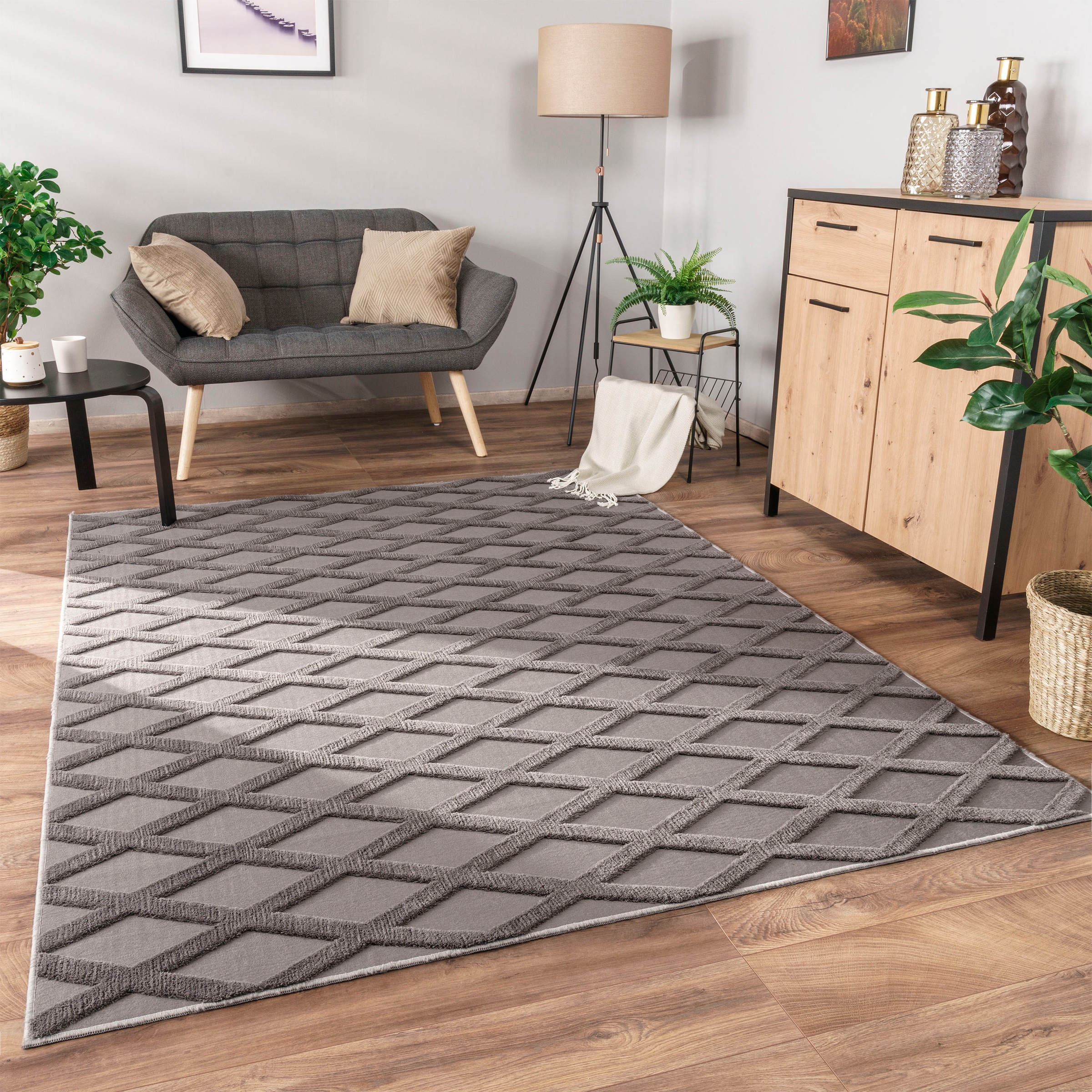 Paco Home Tapis »Utrecht 642« Rectangulaire 4 mm Höhe Kurzflor, Uni Farben, 3D-Design, Rauten Muster, Hoch-Tief Effekt