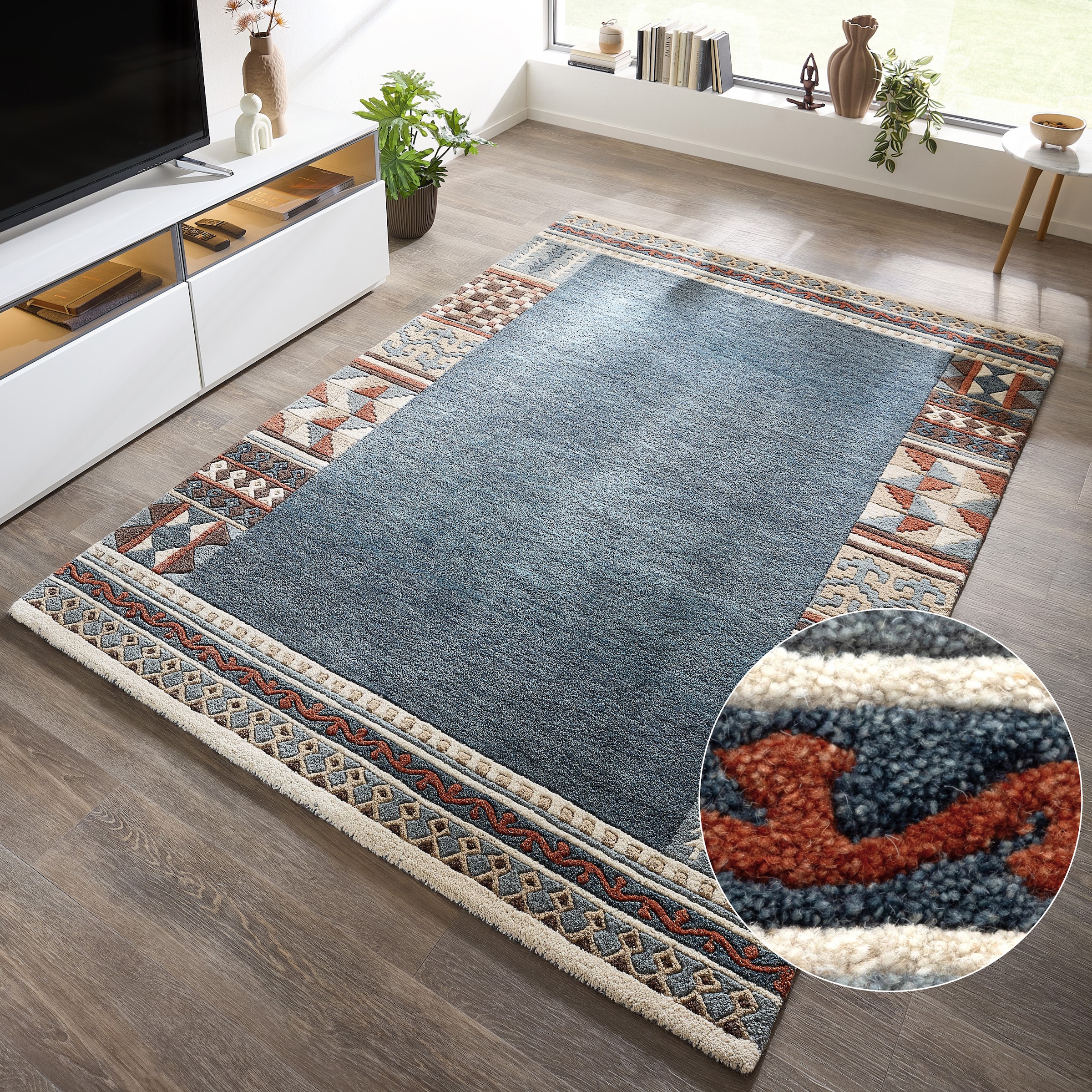 THEKO Tapis en laine »Nuno, reine Wolle,  Handgefertigt, mit Bordüre« Rectangulaire 14 mm Höhe handgetuftet, Wohnzimmer, Schlafzimmer, Esszimmer, auch als Läufer