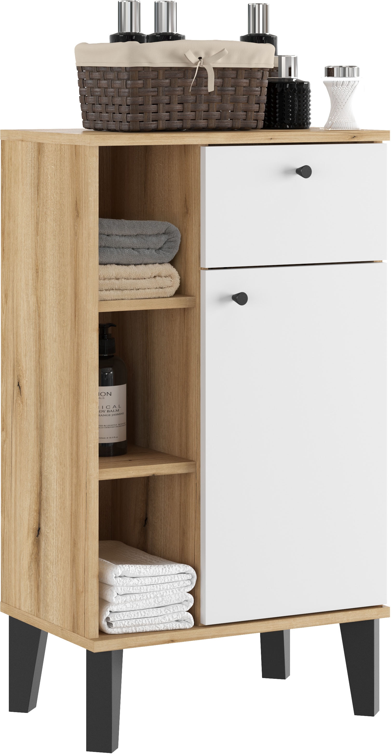 Home affaire Armoire intermédiaire »Oslo, Badschrank mit Knopfgriff, Schrank im skandinavischen Design« disponible en blanc ou gris, suffisamment d’espace de rangement