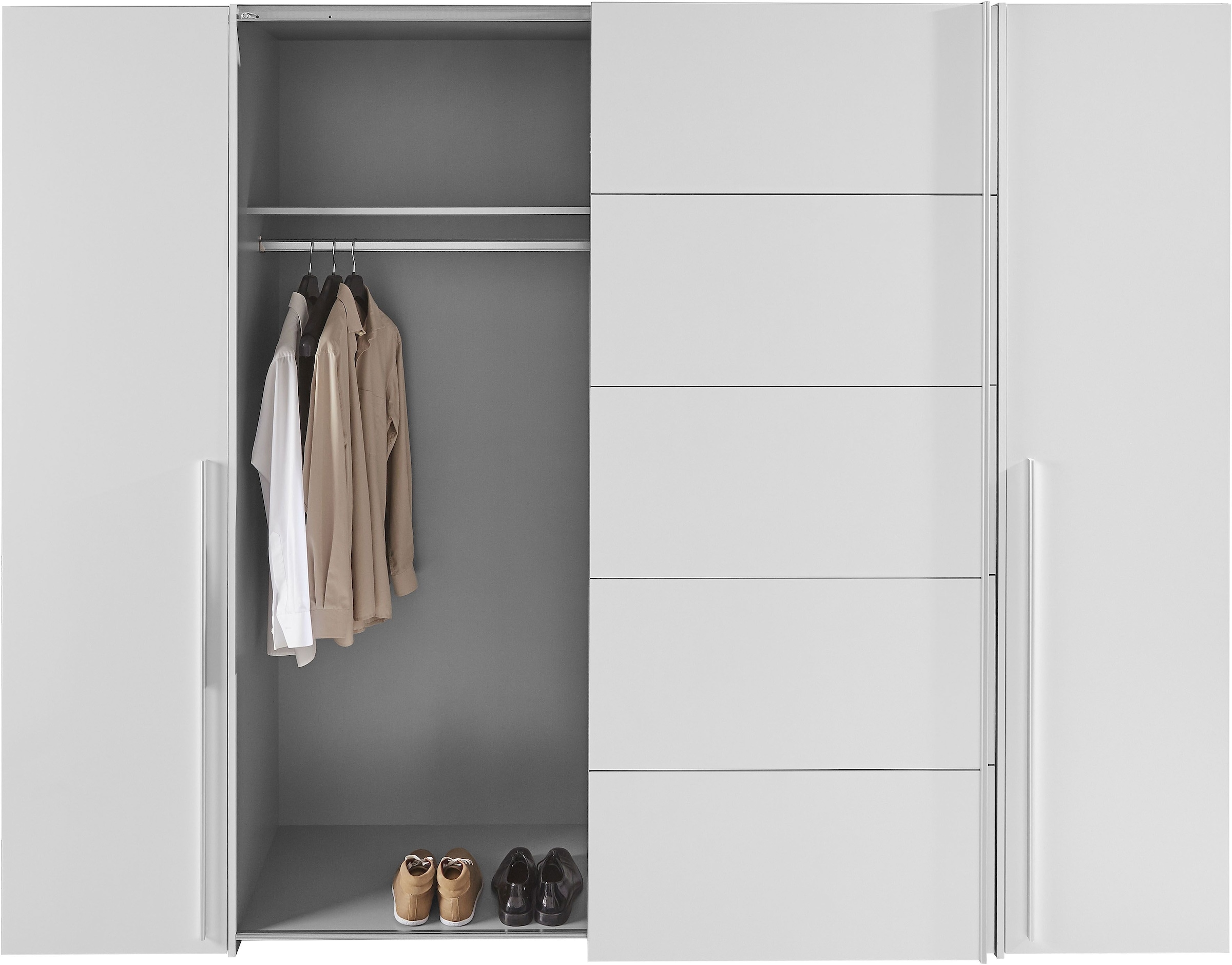 FORTE Armoires à vêtements »Narago, Kombischrank, modernes Design« L/H/P env. 270/210/61 cm, aussi avec équipement premium,  Combinaison de portes coulissantes avec portes latérales battantes, Fabriqué en Europe