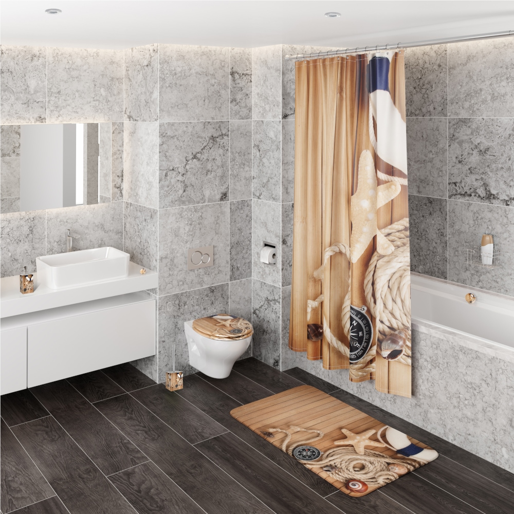 Sanilo Set d'accessoires de salle de bain »Maritime« bestehend aus WC-Sitz, Badteppich, Stöpsel, Seifenspender, WC-Bürste