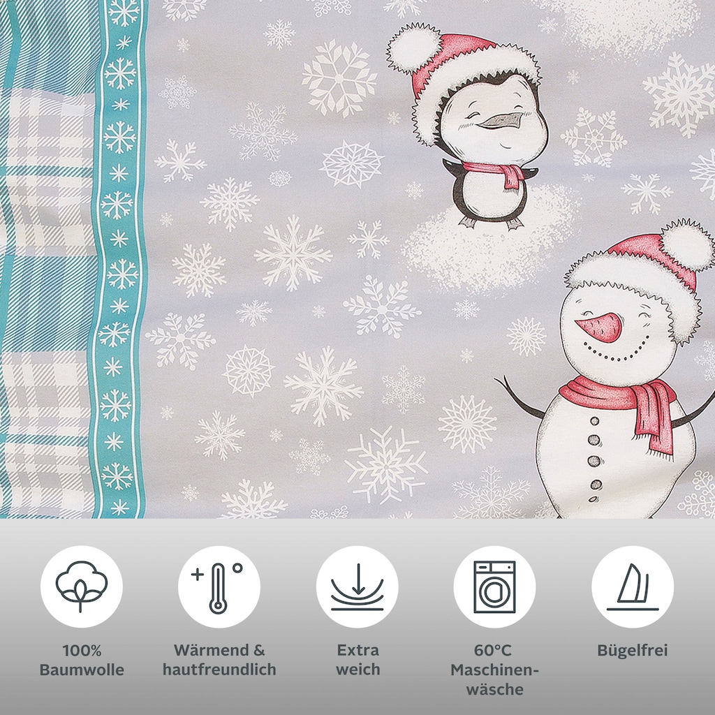 my home Bettwäsche »Snowman im winterlichen Design, aus 100% Baumwolle, Biber (Flannell) Qualität, Bett- und Kopfkissenbezug mit Reissverschluss, Bettwäsche Set unterstützt die Initiative Cotton made in Africa, Made in Green zertifiziert«, (2 tlg.)