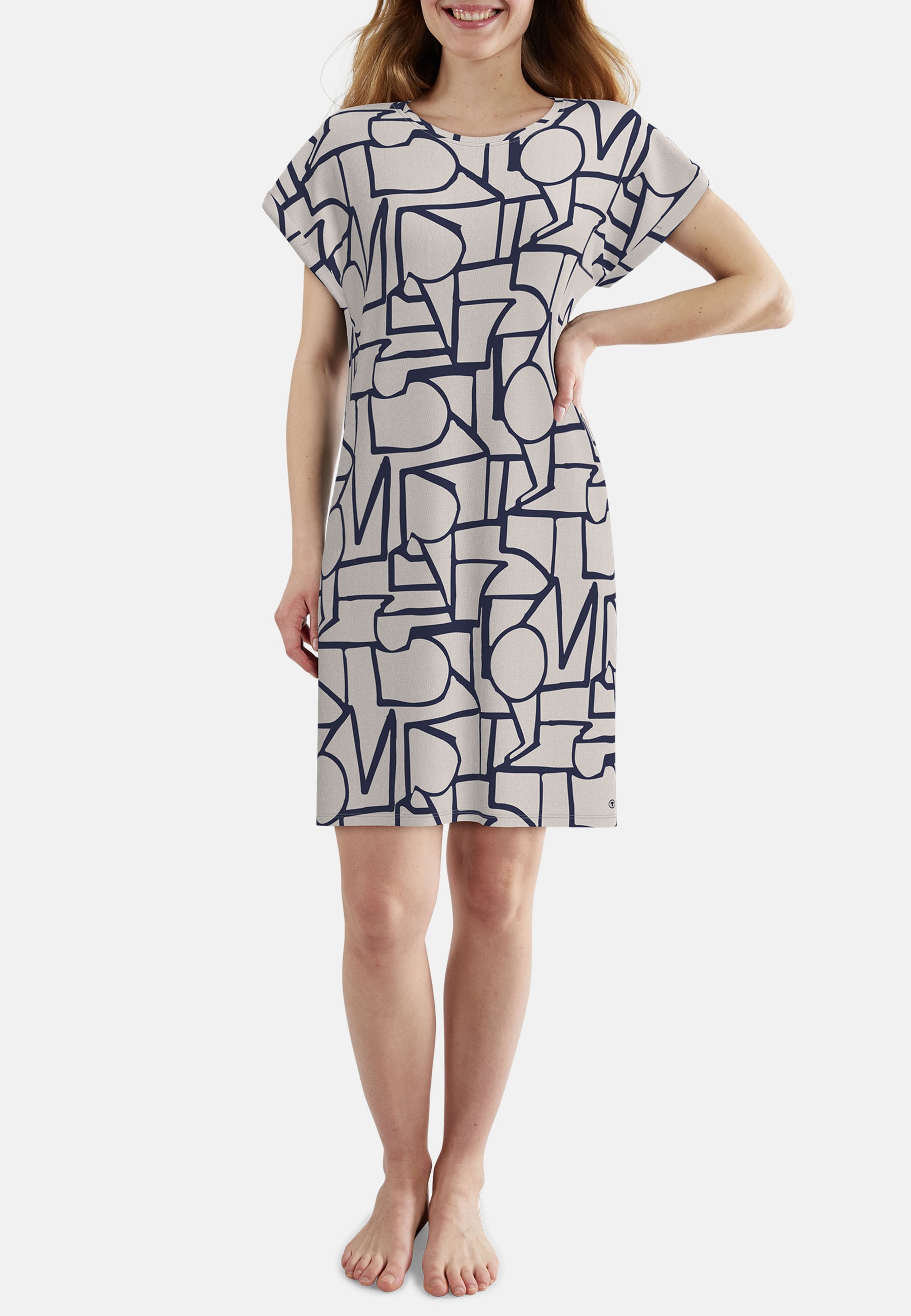 TOM TAILOR Chemise de nuit knielang, mit Muster, Kurzarm, Rundhalsausschnitt, Viskosemix