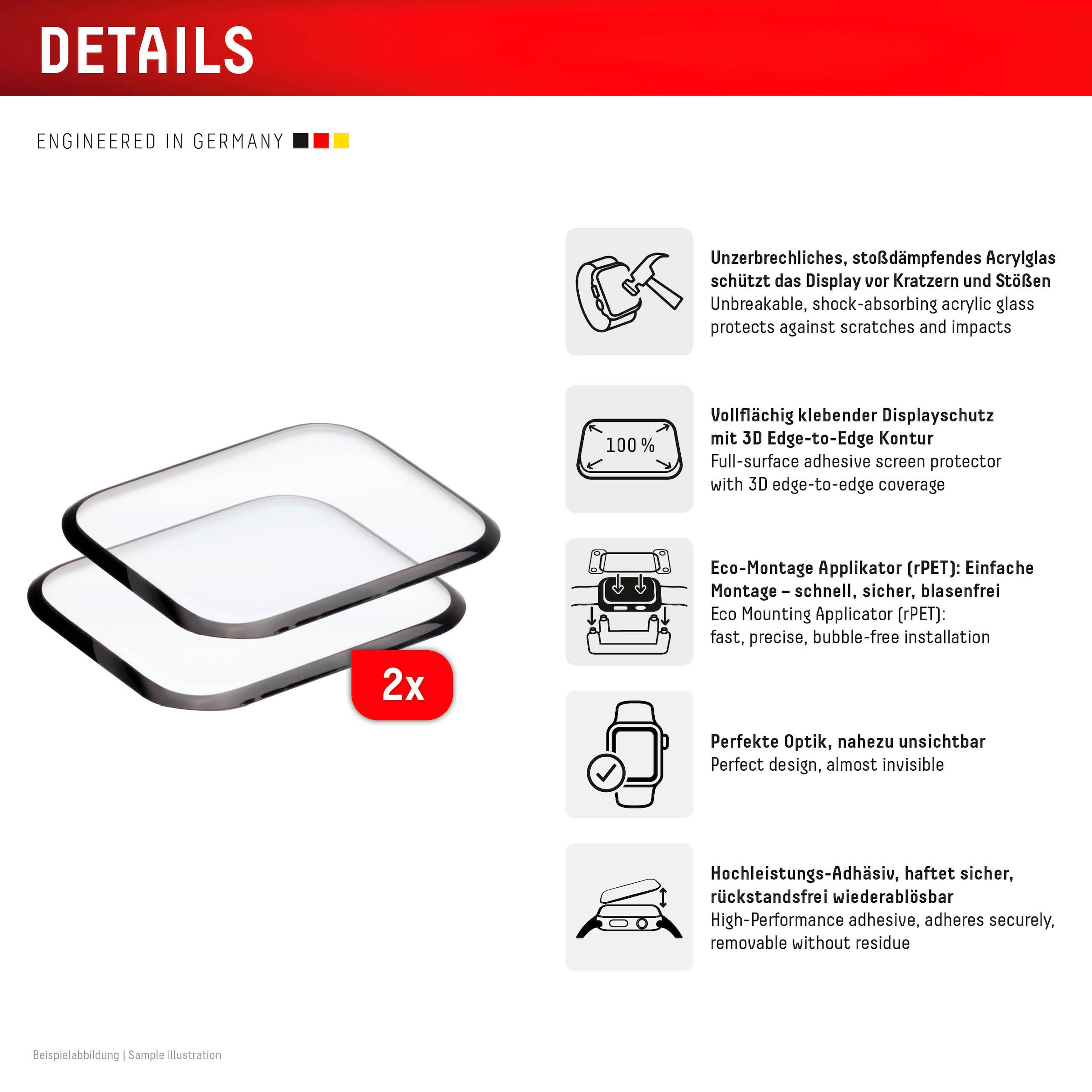 Displex Displayschutzglas »Smartwatch Glass Unbreakable Protector Full Cover« für Apple Watch SE 40 mm;Apple Watch SE 2 40 mm;Apple Watch SE 3 40 mm Packung, 2x Acrylglas Protector,  Displayschutzfolie, Bildschirmschutz, kratz- & stossfest