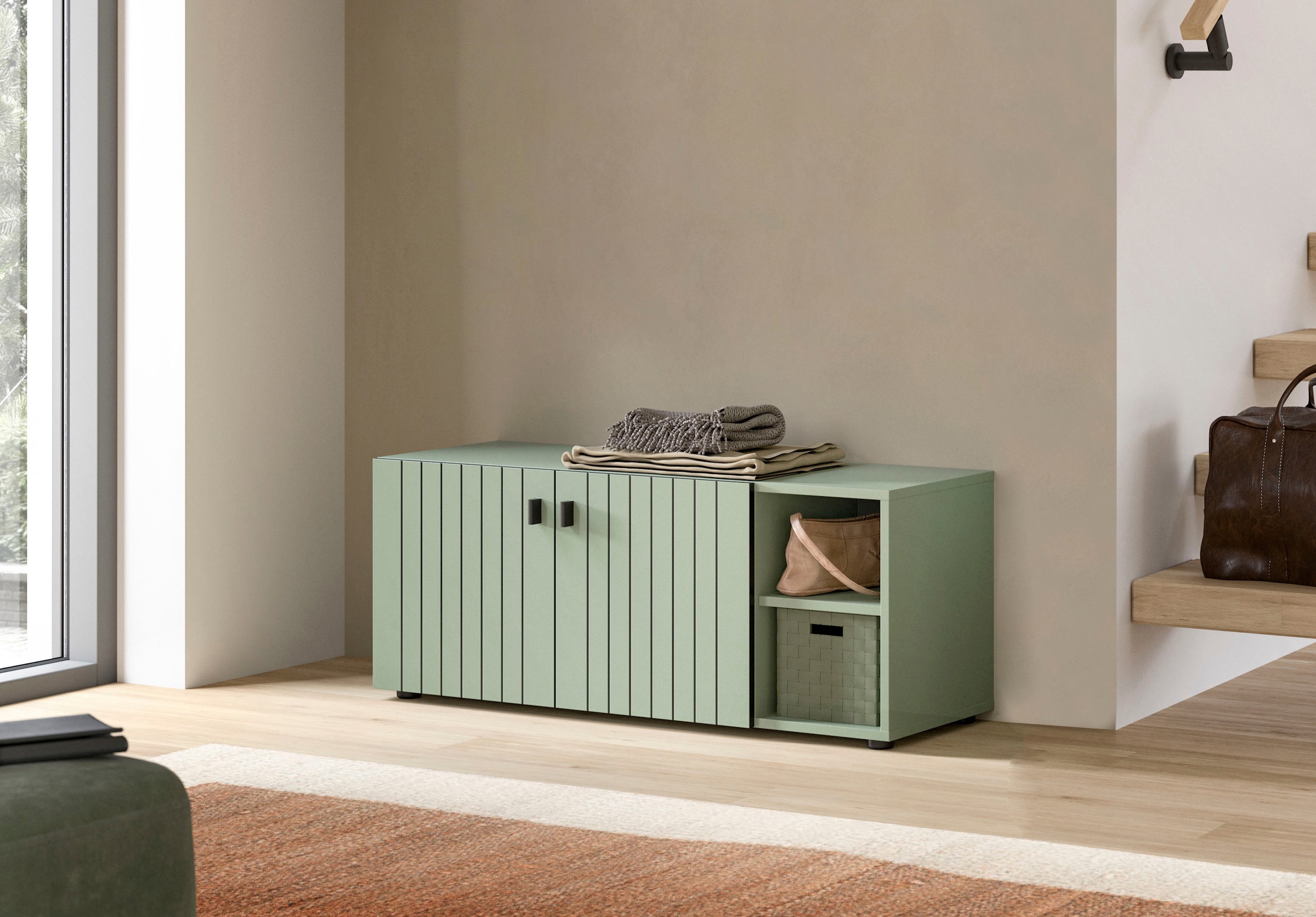 Home affaire Sitzbank »TATIO, 106x43x37 cm, 2 Türen, 2 offene Fächer« Sitzbank und Sitzkissen,  Garderobensitzbank, Sitzbank Flur mit Stauraum, Sitzkissen wählbar