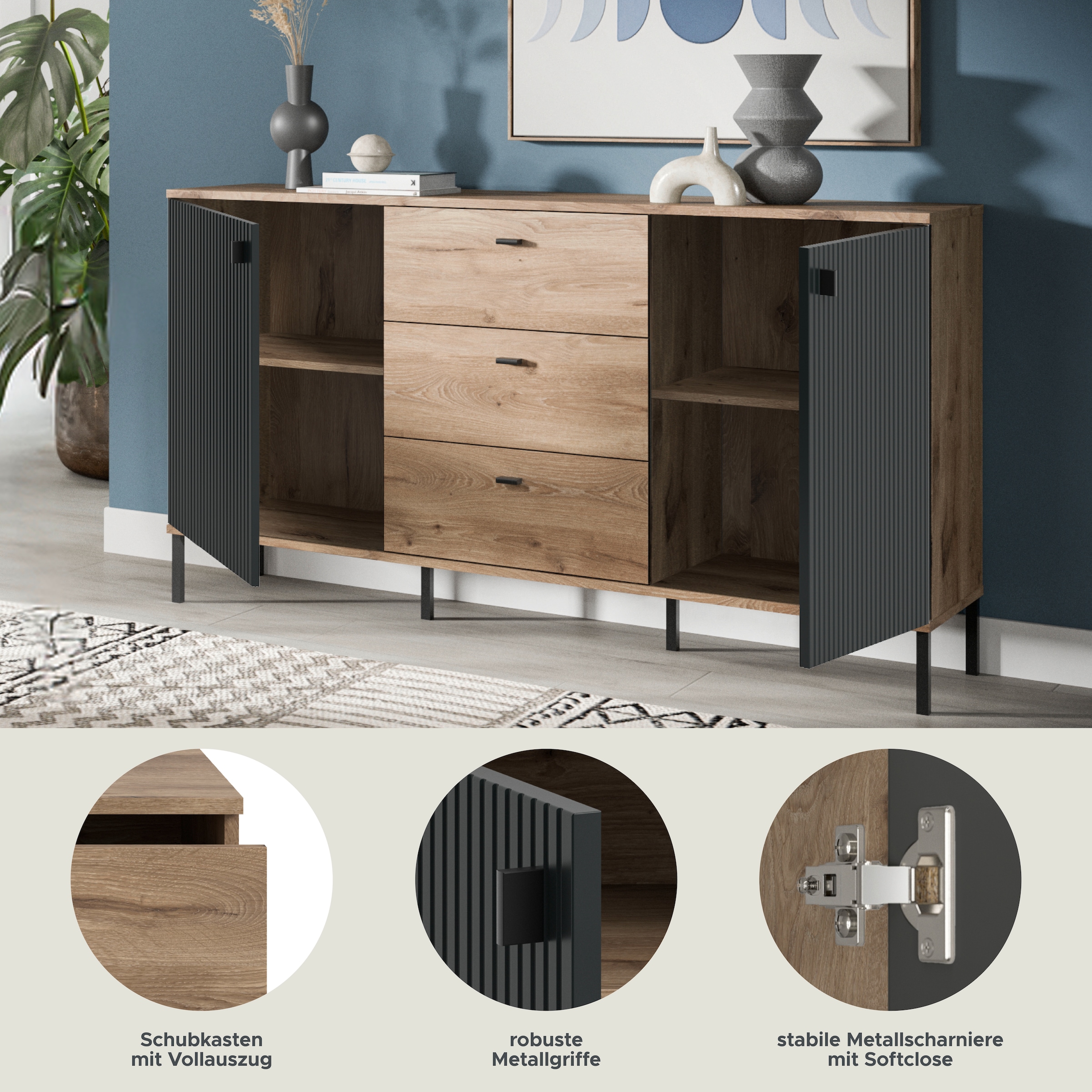 INOSIGN Buffet »TREVERK, Breite: 154 cm, hochwertige MDF-Front schwarz tiefzieh« 1 cuis tlg. buffet, salon, salle à manger