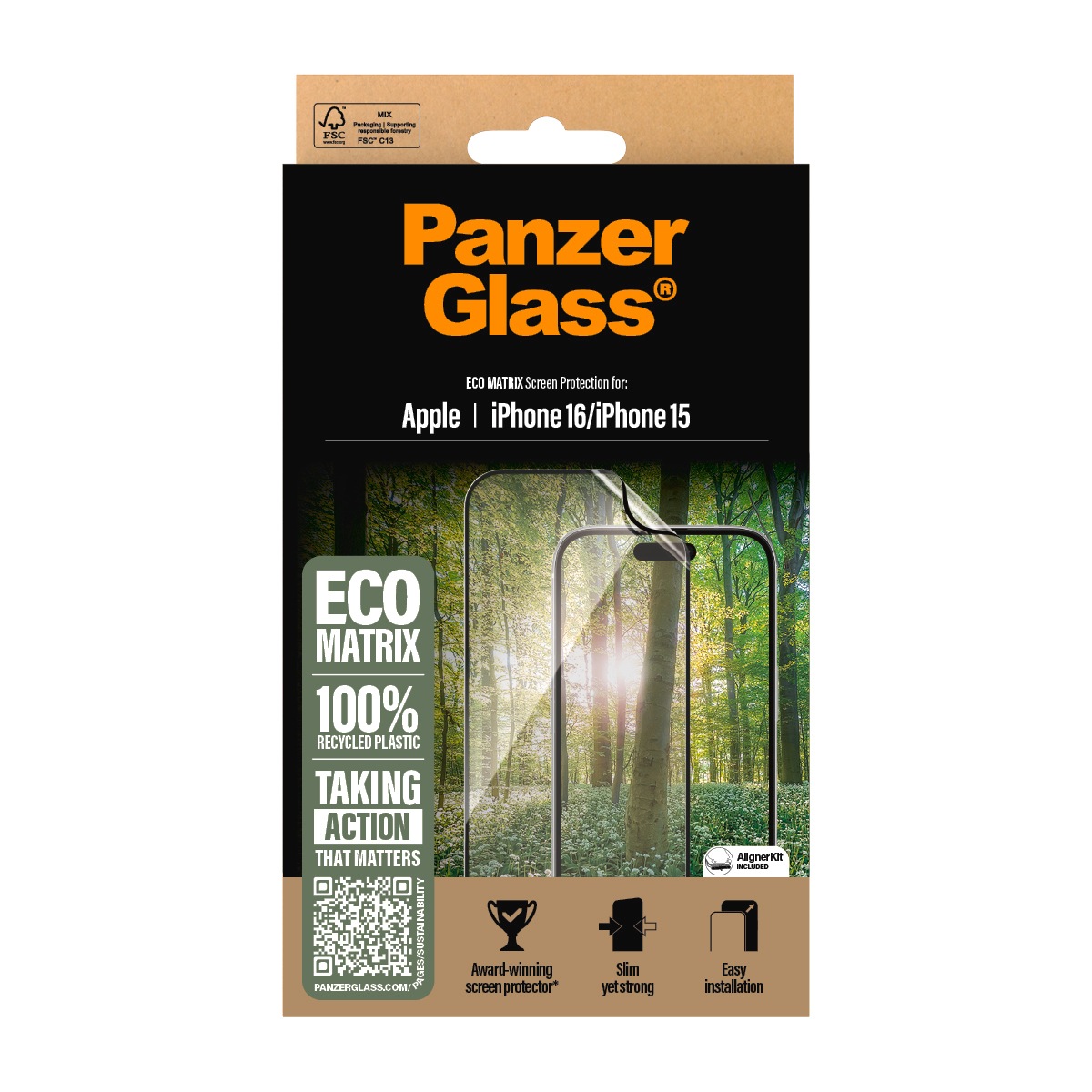 PanzerGlass Displayschutzfolie »ECO MATRIX Screen Protection«, für Apple iPhone 16-Apple iPhone 15, Displayschutz, Schutzfolie, Bildschirmschutz, kratz- & stossfest