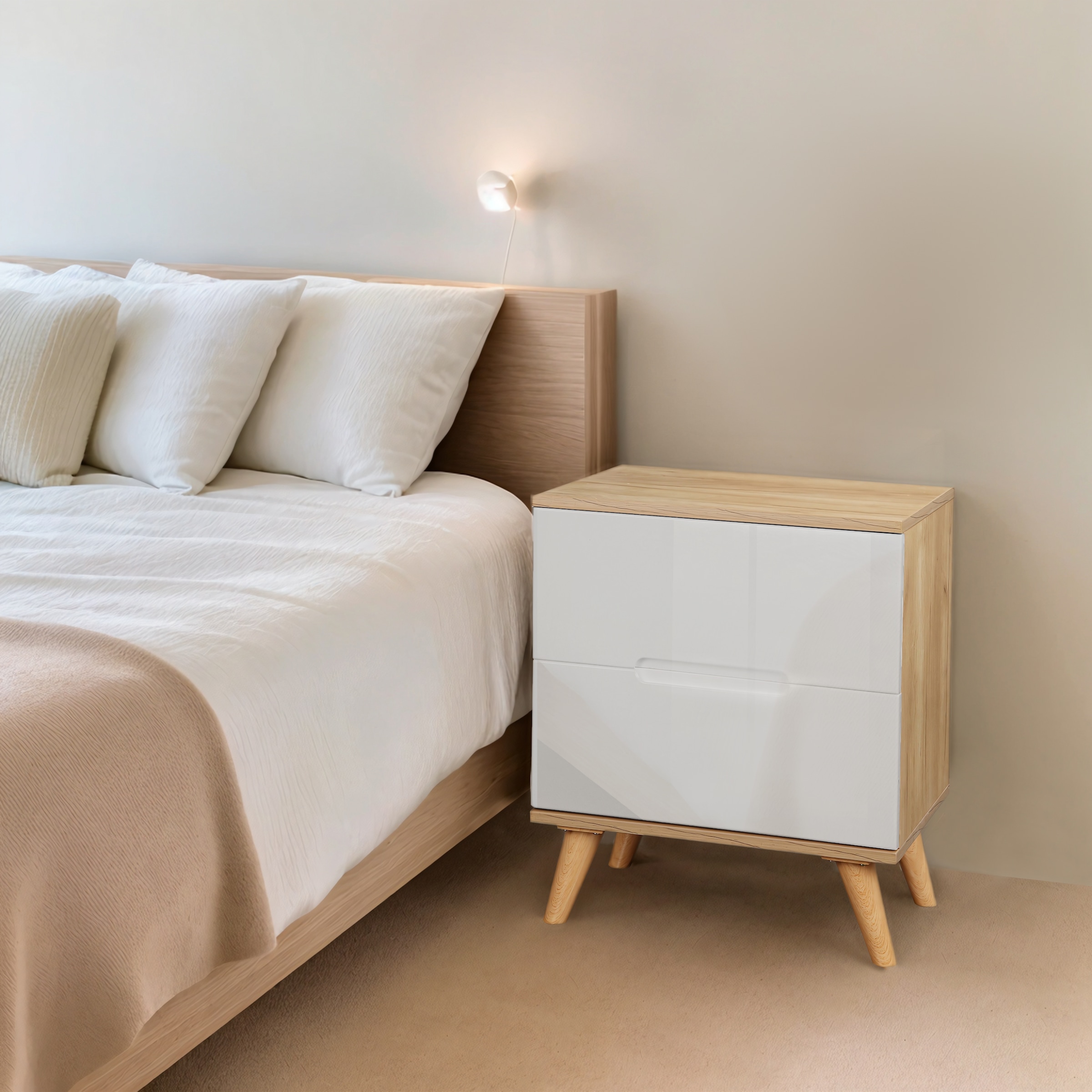 andas Nachtschrank »Lund Nachttisch Beistellschrank Kommode mit Hochglanzfronten«, Nachtkommode mit 2 Schubladen Bestseller im skandinavischem Design