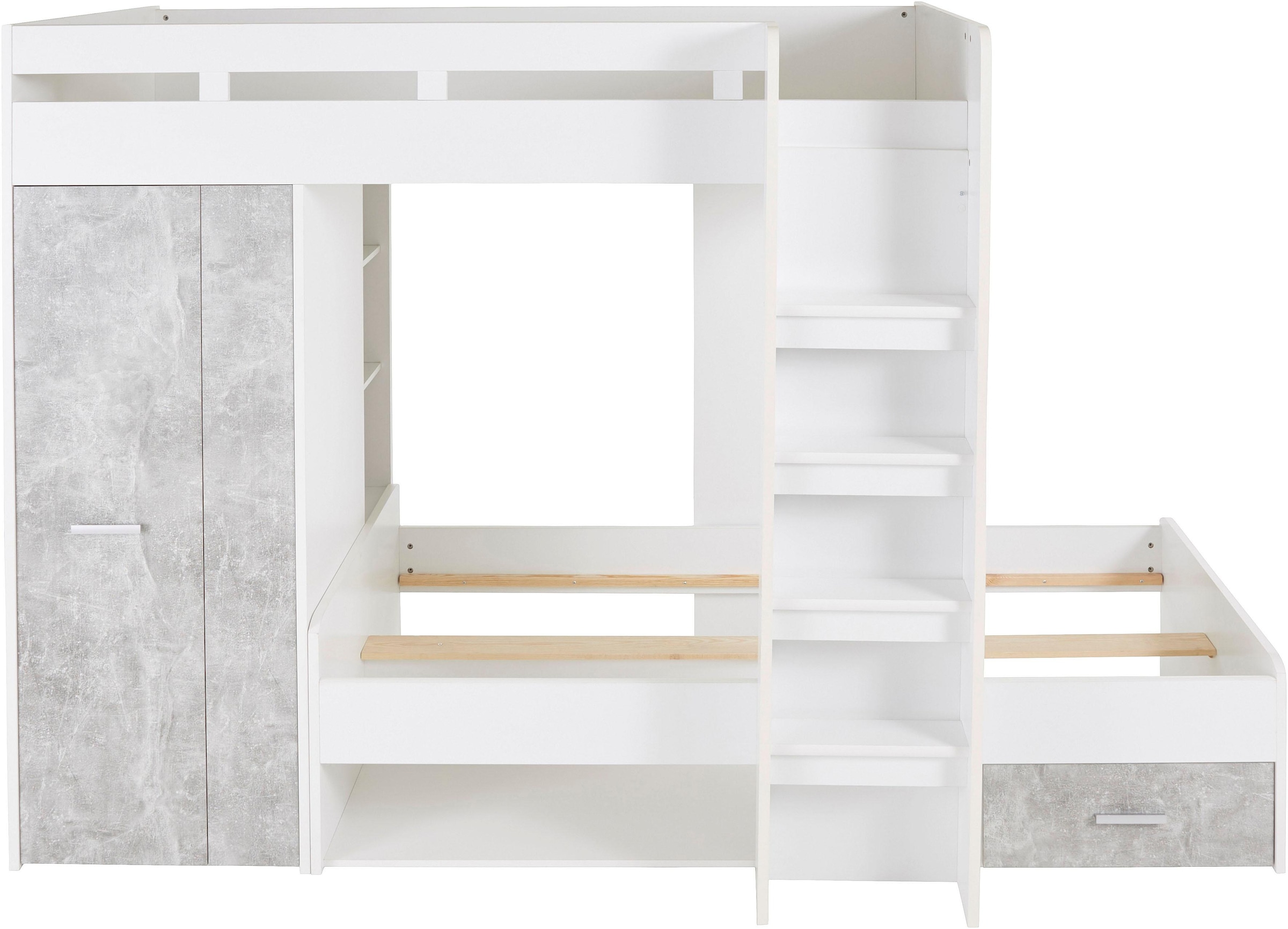 Begabino Hochbett »MAXI« mit 2 Liegeflächen, Kleiderschrank und Regalen