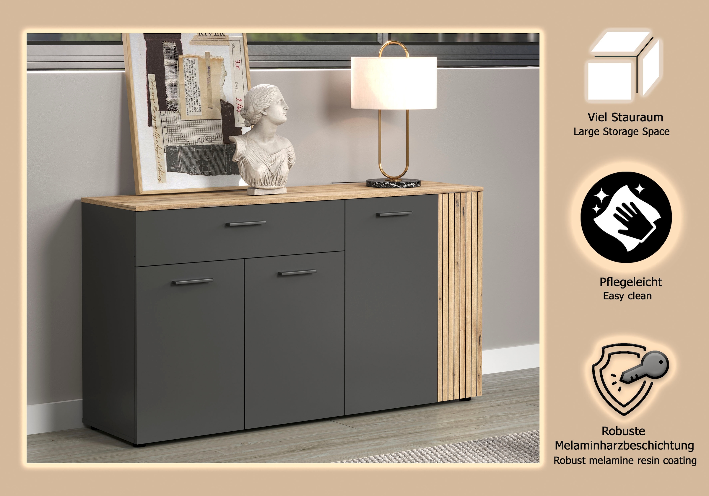 Home affaire Sideboard »Estepona« 1 Stk. tlg. Kommode, Akustikpaneel-Look; Breite 150 cm