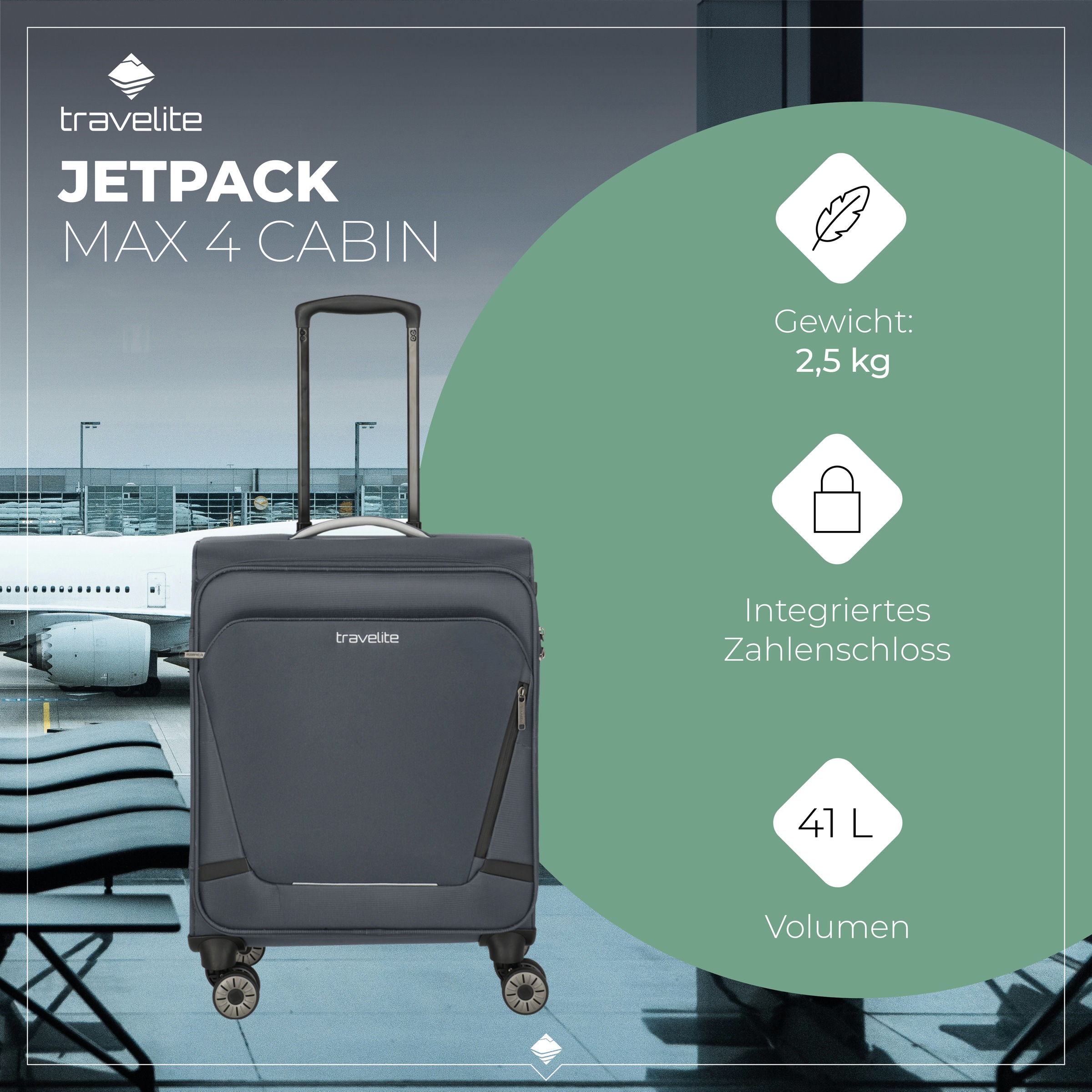 travelite Trolley pour bagages à main »JETPACK Max 4 Cabin Handgepäck Koffer« 41 litre 4 Rollen bagage souple, compatible Ryanair, Condor et de nombreuses compagnies aériennes courantes