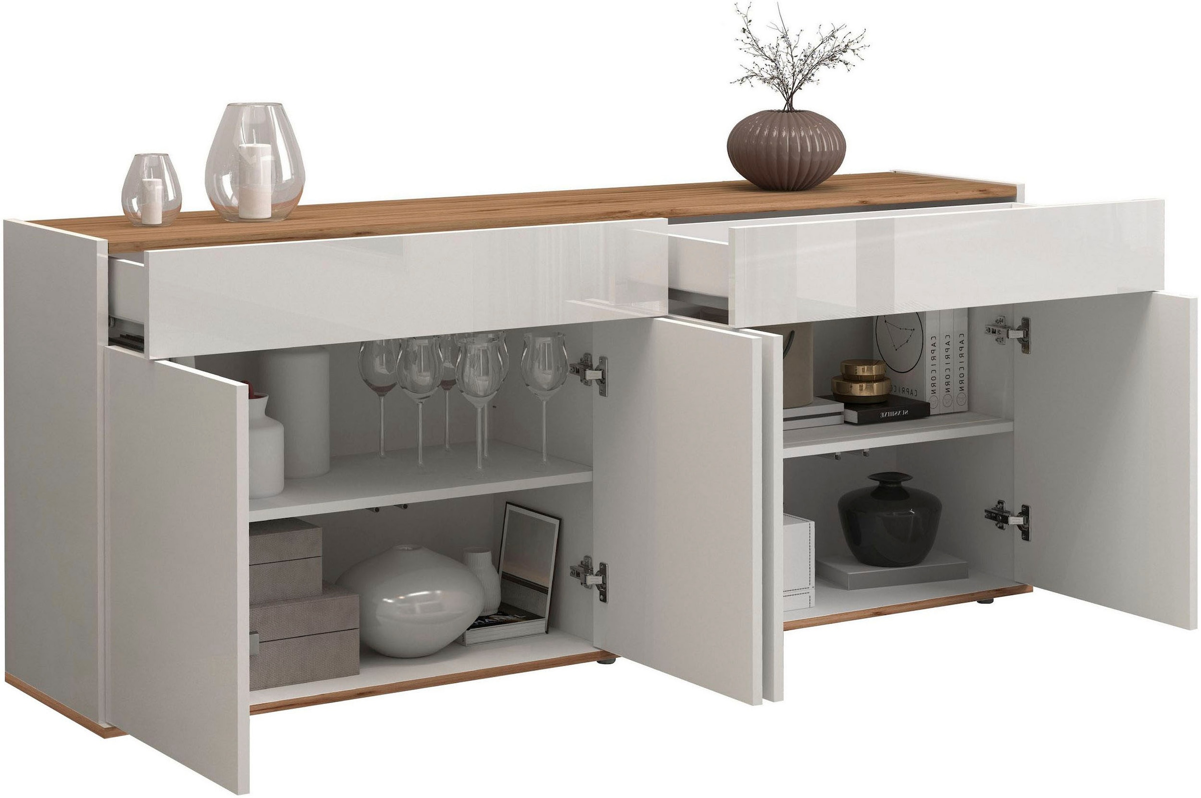 GOODproduct Sideboard »Garda Kommode, Schrank, 4 Türen mit Push-to-Open, Made in Italy« Hochglanzlackierte Fronten,2 Schubladen, grifflos Breite 160,1 cm