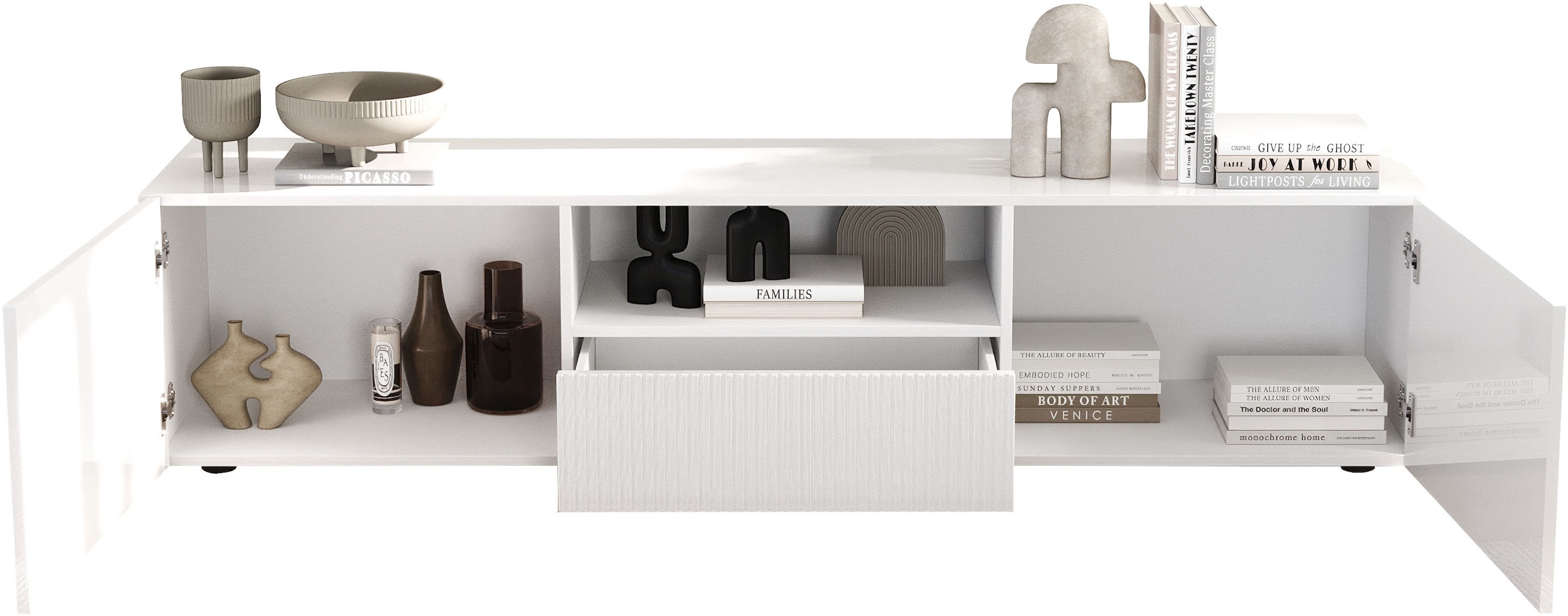 Home affaire Table basse »Rio Breite 181 cm, TV-Board 2 Türen u. 1 Schubkasten, TV-Schrank« Façades MDF rainurées, modernes et élégantes, gestion des câbles, beaucoup de rangement