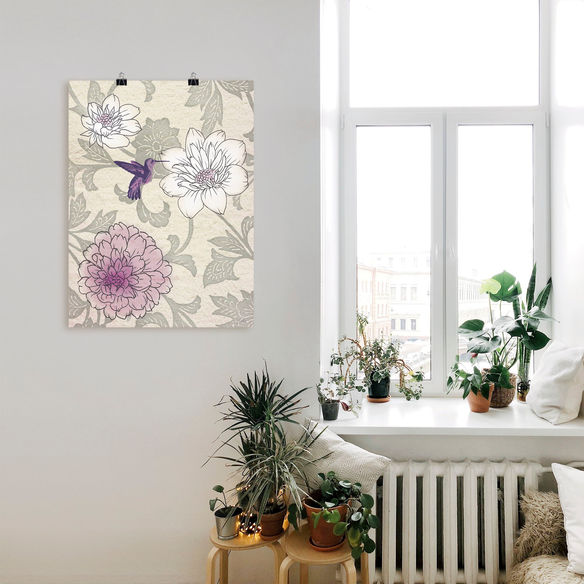 Artland Wandbild »Blumenmuster mit Kolibri«, Blumen, (1 St.), als Poster, Wandaufkleber in verschied. Grössen