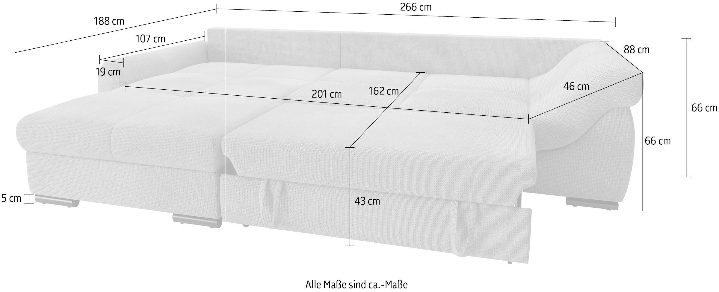 Mr. Couch Ecksofa »Livorno L-Form«, inkl. Hochschläfer-Bettauszug, XL-Bettkasten weiss beschichtet
