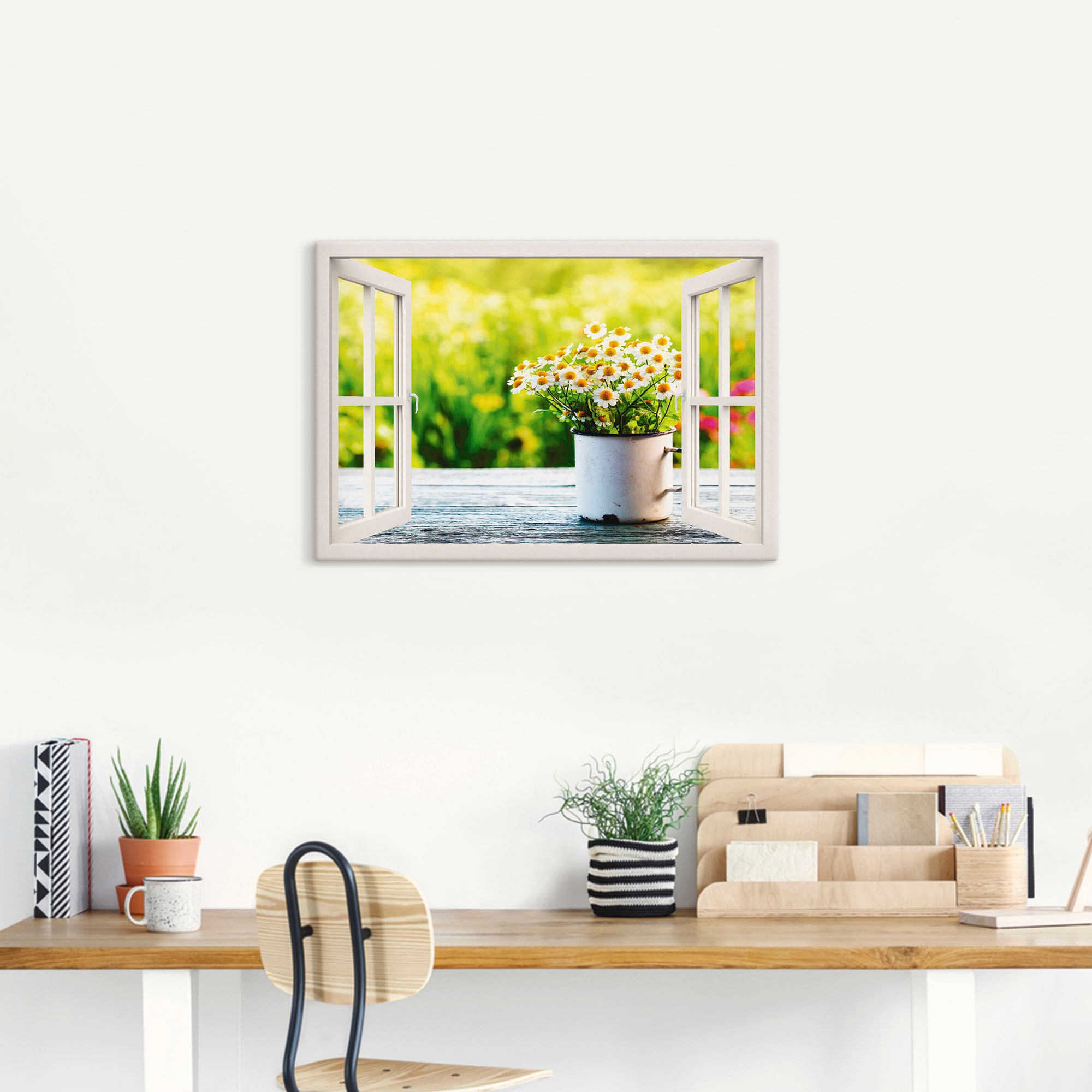 Artland Wandbild »Fensterblick Garten mit Gänseblümchen«, Blumen, (1 St.), als Alubild, Outdoorbild, Leinwandbild, Wandaufkleber, versch. Grössen