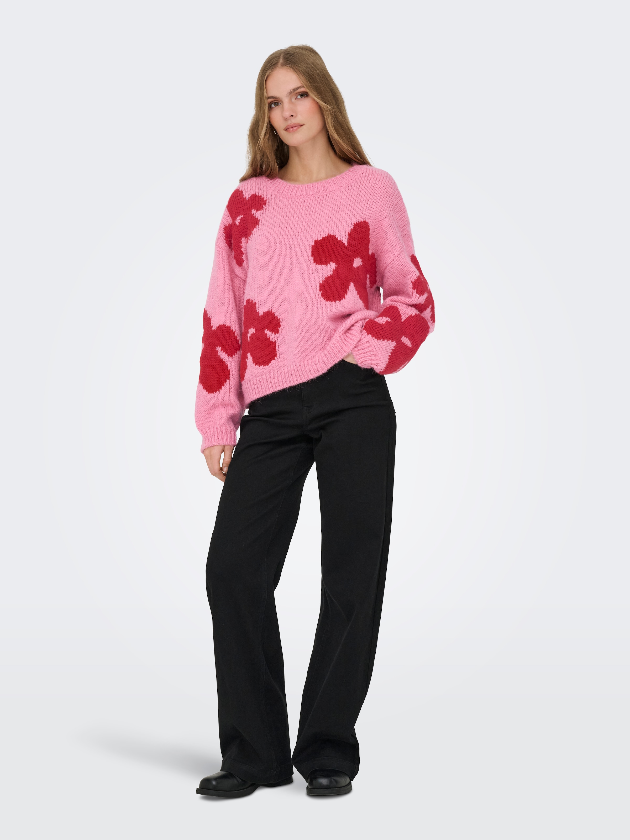 ONLY Pull en tricot »ONLBOOTLE LIFE LS FLOWER O-NECK KNT« Kunstfaser, loose fit