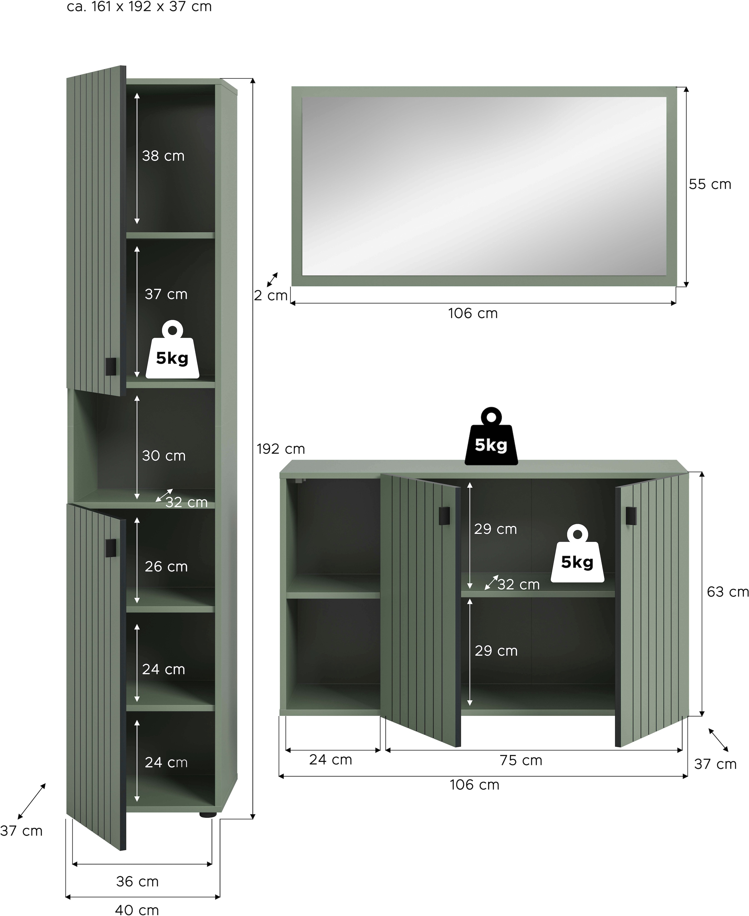 Home affaire Garderoben-Set »TATIO, 3-tlg. Garderobenkombination, Breite: 161 cm, Rillenfräsung« Set, Set, best. aus: 1 Spiegel, 1 Garderobenschrank, 1 Schuhkommode, 3 Stk. tlg.