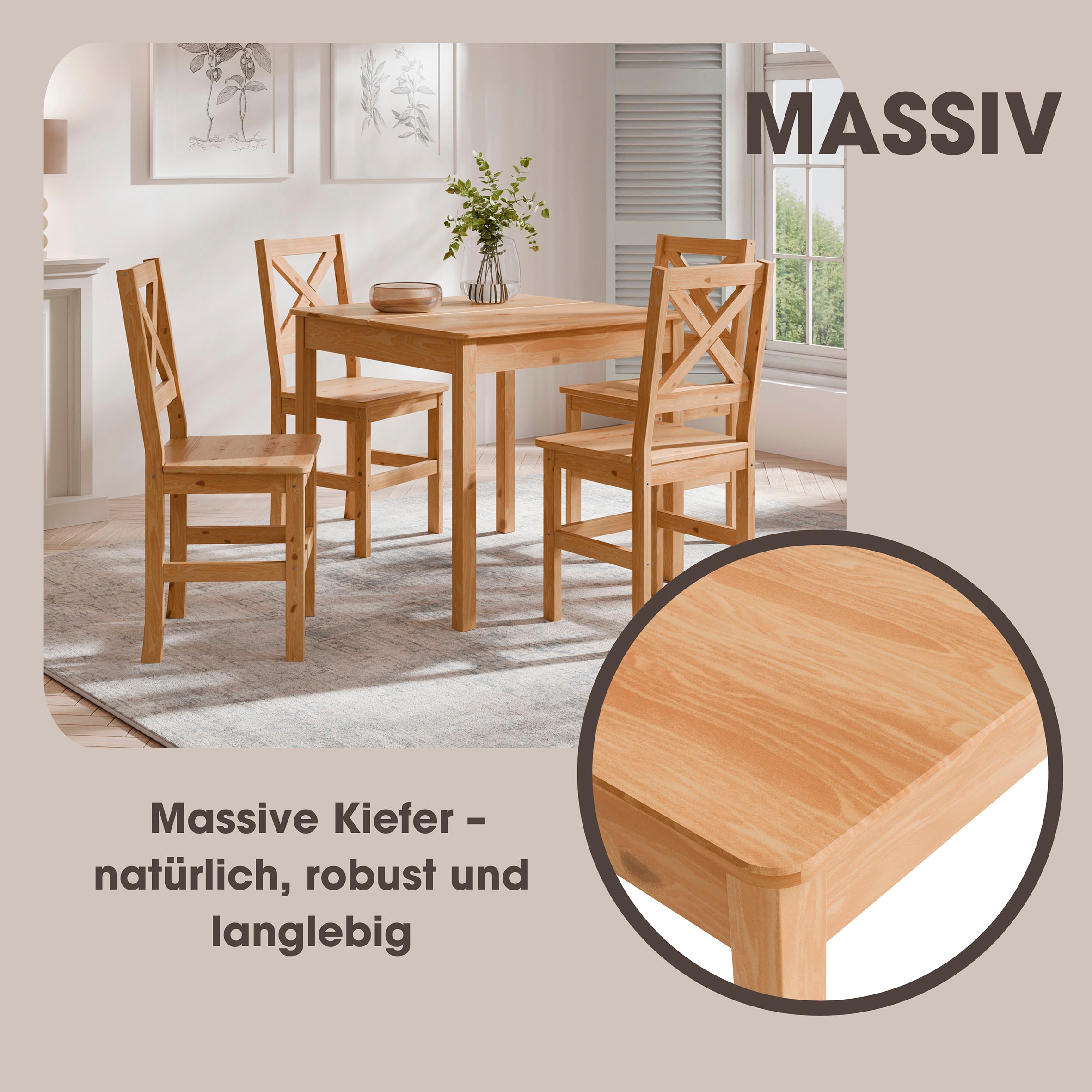 Home affaire 4-Fussstuhl »Malmö«, (Set), 2 St., Holzstuhl Kiefer Massivholz naturfarbig, erhältich als 2er und 4er-Set