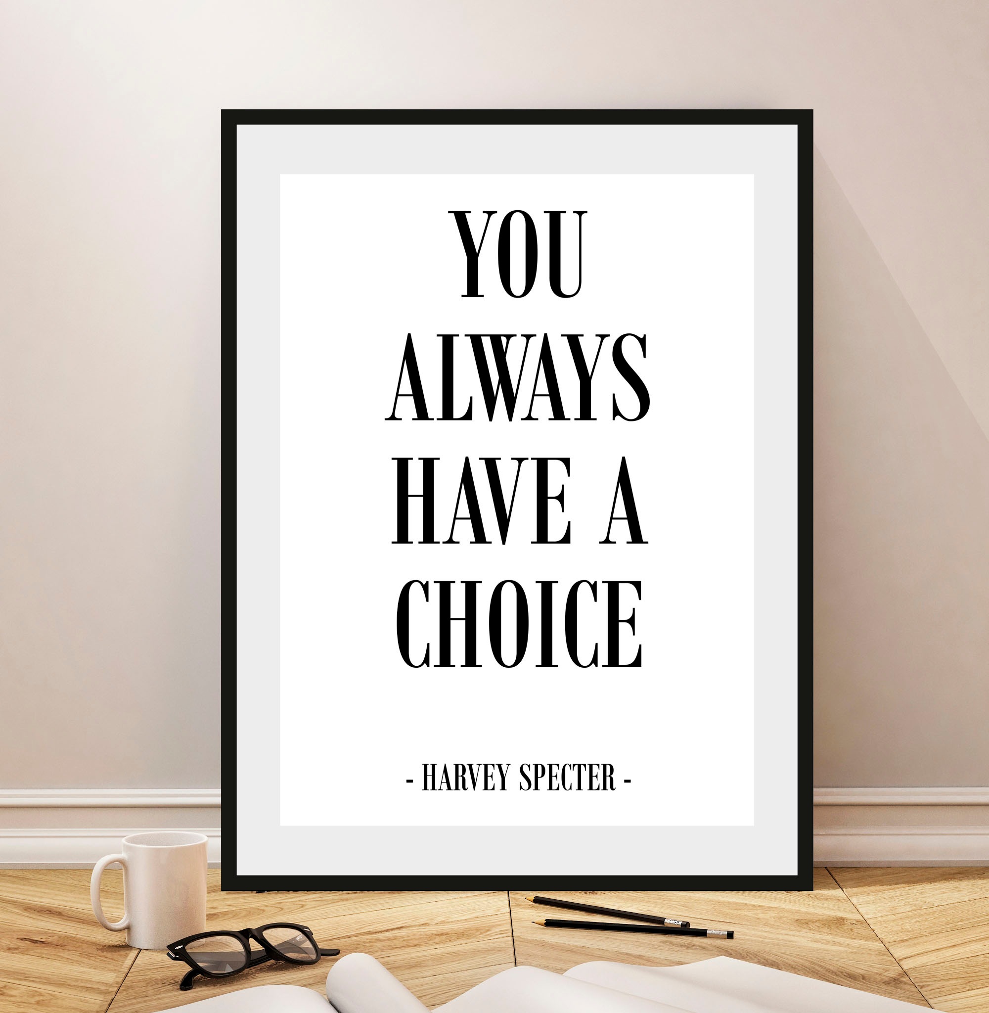 Image of queence Bild "CHOICE" Filmfiguren Humor Schriftzug Schwarz-Weiss Sprüche & Texte 1 Stk. tlg. HD Premium Poster-Druck inkl. Holzrahmen