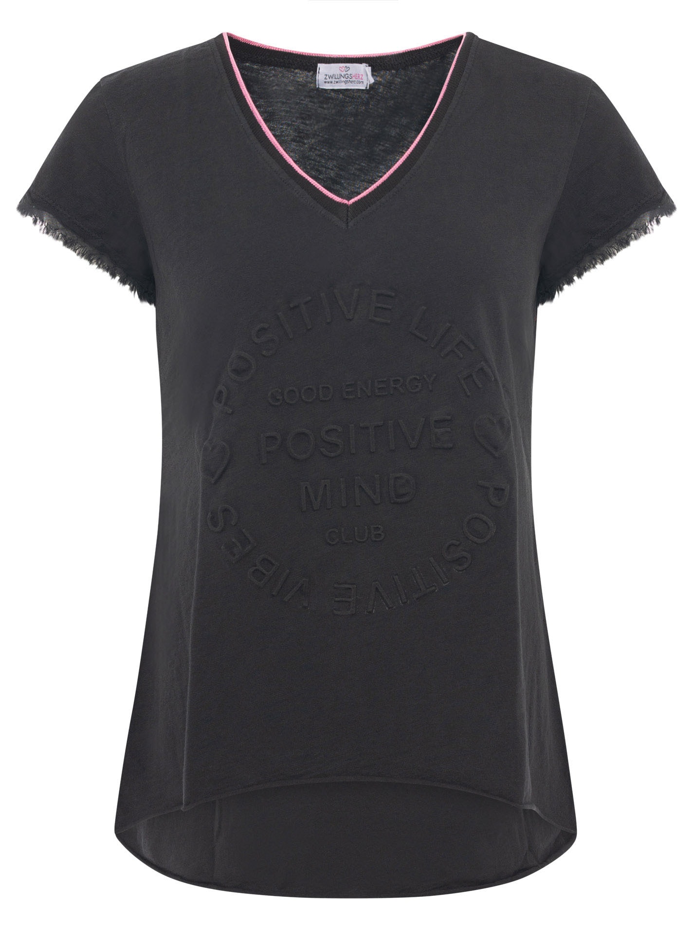 Zwillingsherz Kurzarmshirt »"Positive Mind Neonkante"« ausgefranste Kanten, V-Ausschnitt mit Neonkante, kurzarm, Stempeldruck