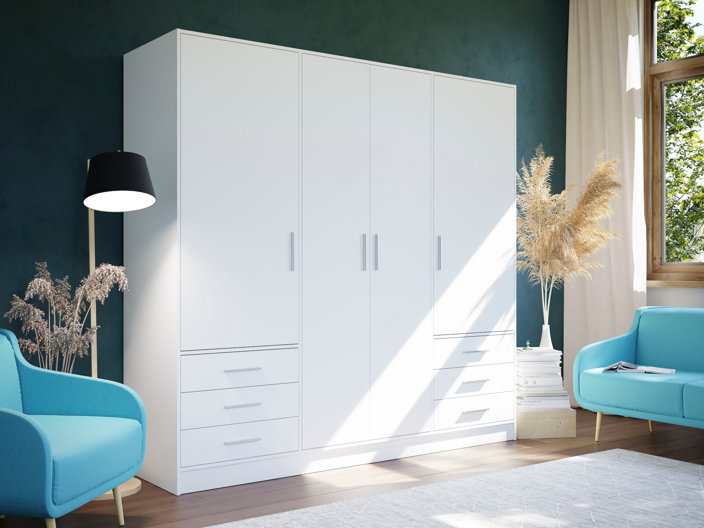 FORTE Kleiderschrank »Jupiter, Made in Europe, mit  6 Schubladen, Stauraum« Masse B/H/T ca. 207/200 cm/60,  Stauraum, 2 Breiten, 4 Farben, Schubladen, variable Einlegeböden