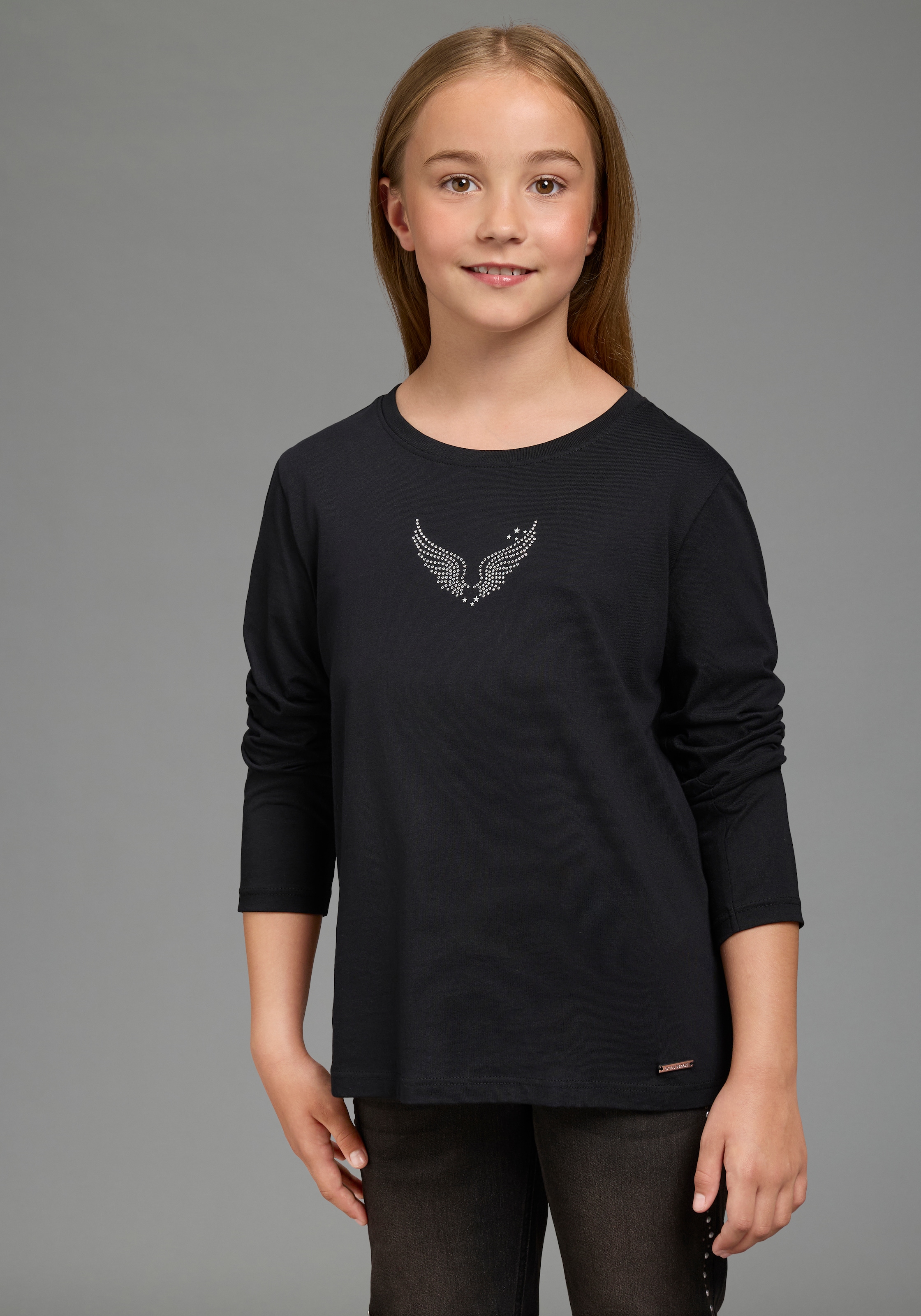 Image of Bruno Banani Langarmshirt "Shirt mit Strass-Stein Applikation vorne und gross hinten" Langarmshirt mit Engelsflügel-Applikation, hüftlange Basic-Passform