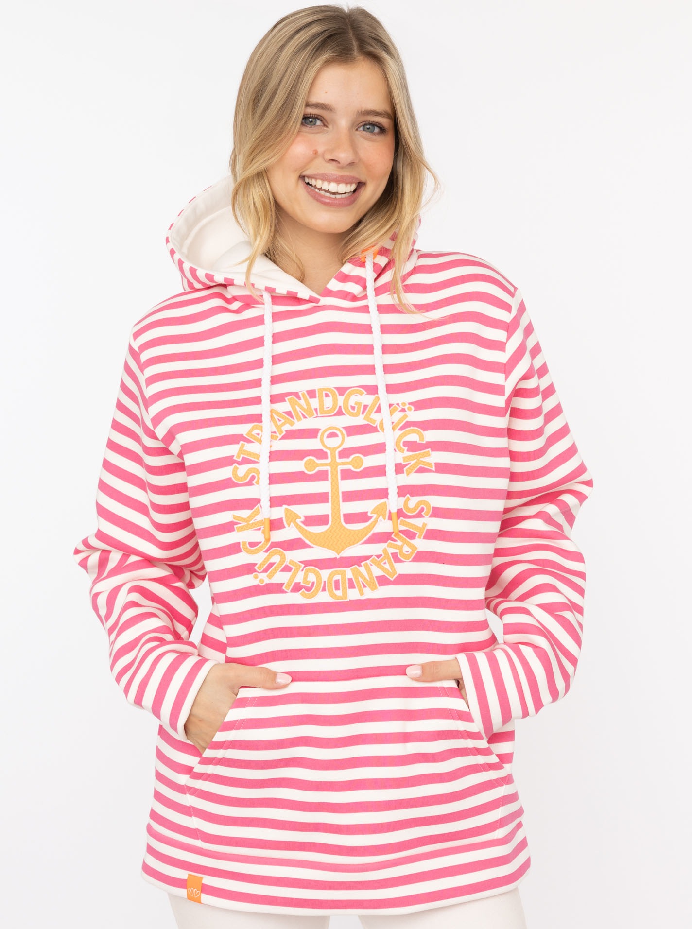 Image of Zwillingsherz Kapuzensweatshirt ""Streifen Strandglück"", gestreift, Stickererei vorne, Kordelzug; Tasche