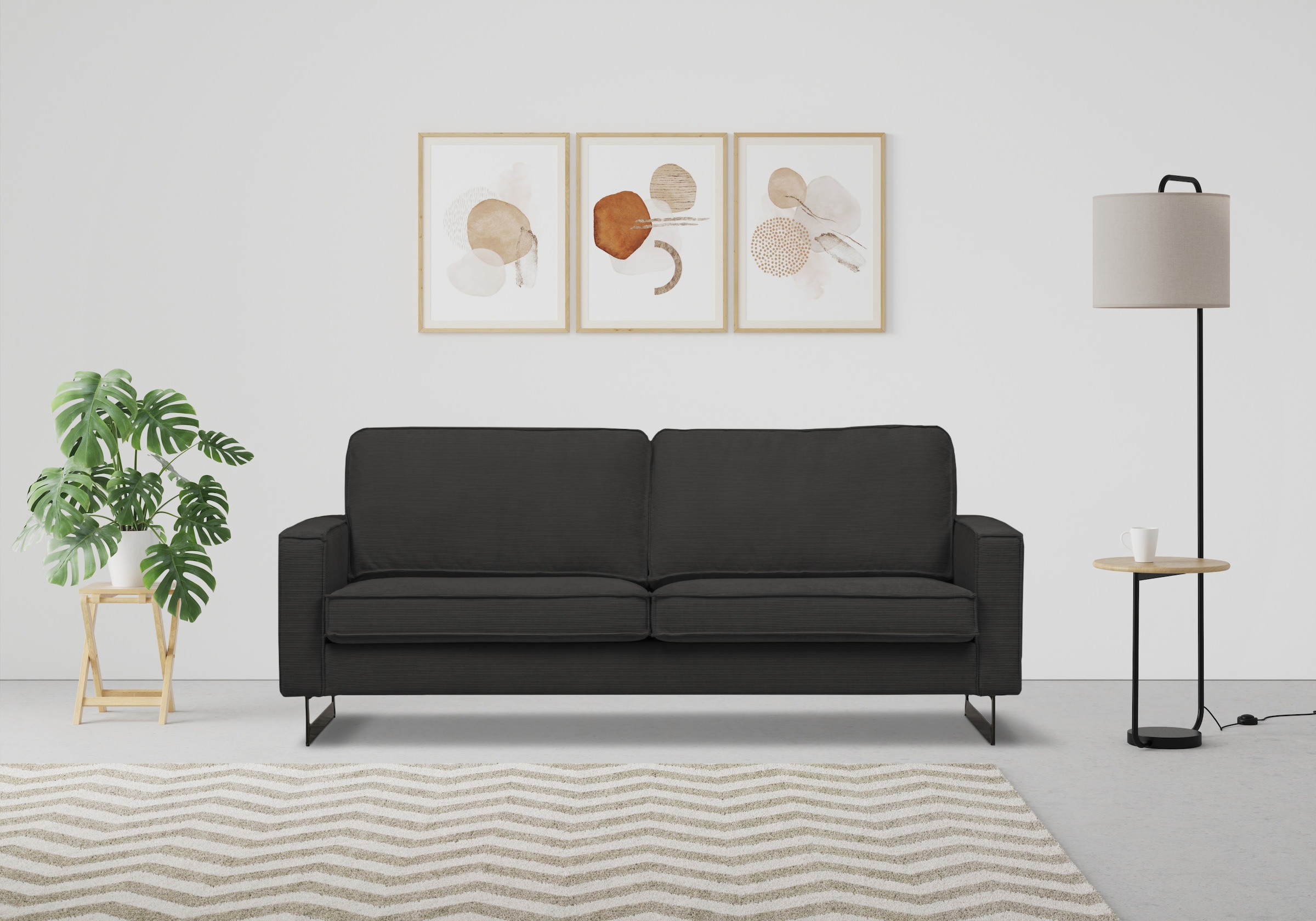 PLACES OF STYLE 3-Sitzer »Pinto, 206 cm, Cord, Chenille, Lederoptik« mit Keder, schwarze Metallfüsse, Wellenunterfederung