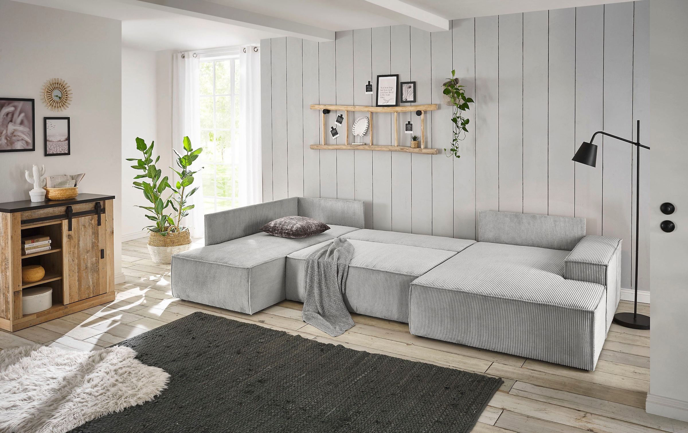 Home affaire Wohnlandschaft »SHERWOOD 329 cm, U-Form, Schlafsofa,«, Schlaffunktion m. Bettkasten (194x139 cm), Cord, Vintage, Samtvelours